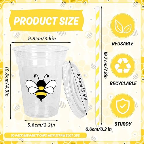 Miniatura 2 de Whaline 50 vasos de plástico desechables de abeja con tapas y pajitas de 12 onzas, vasos de fiesta de 12 onzas para bebidas frías de abeja, para