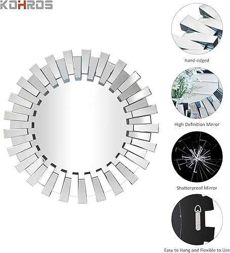 Miniatura 3 de KOHROS Espejos redondos decorativos para decoración de pared, espejo circular de 32 pulgadas, diseño de explosión de sol, espejo de pared moderno