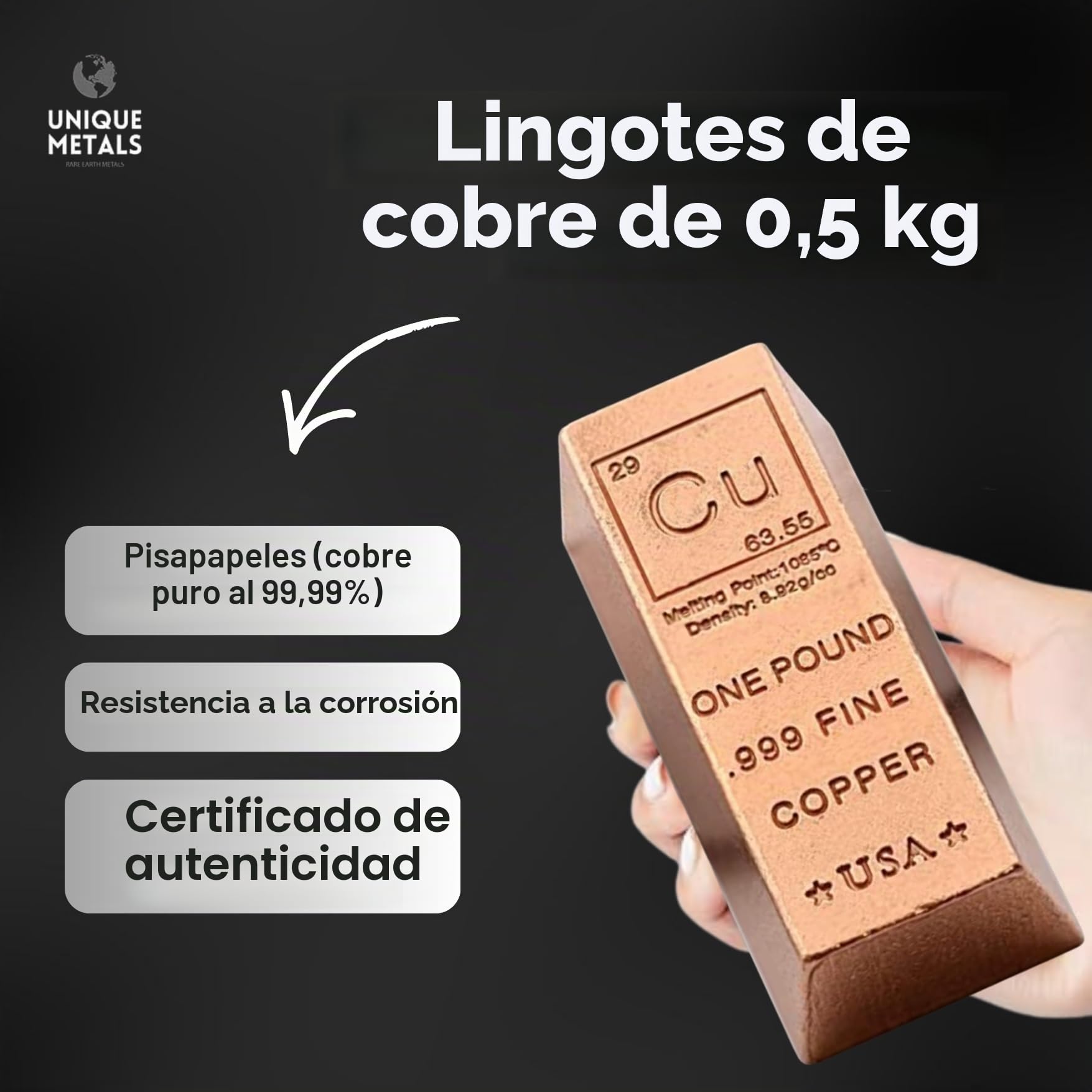 Lingote de barra de cobre de 1 libra – 999 Pure Chemistry Element Design con certificado de autenticidad de Unique Metals