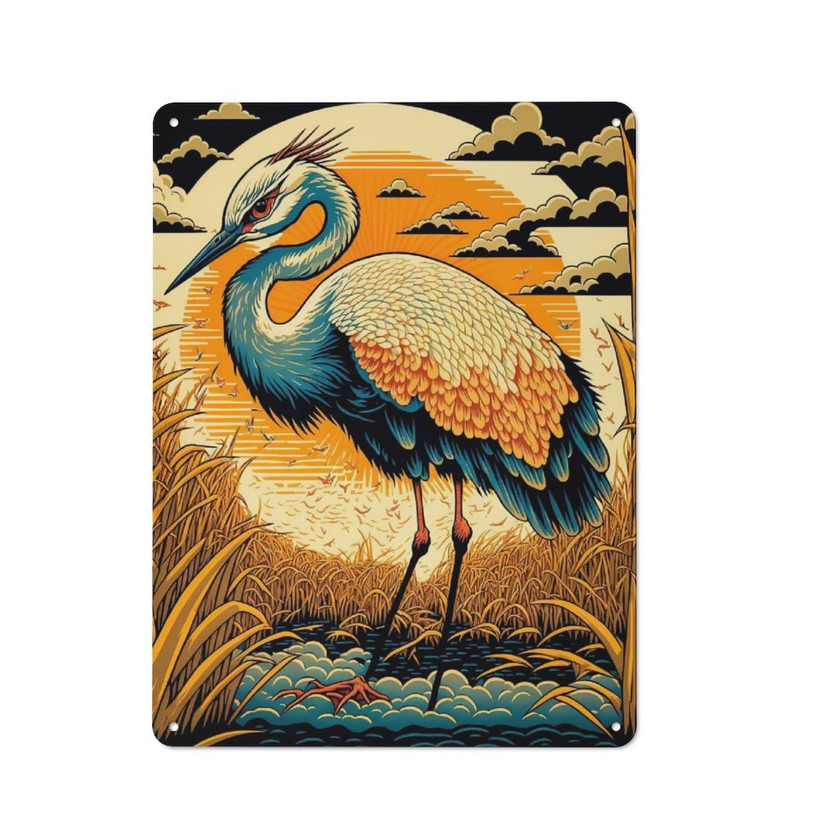 Junmoney Japanese Crane Tin Sign 40X30cm For Workshop Wall, Retro Wall Decor, Suited To Metal Sign Collectors