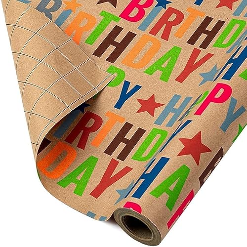 BIOBROWN Geburtstag Geschenkpapier, mit buntem Happy Birthday-Design, Kraftpapier ideal zum Verpacken von Geburtstagen und Feiertagen, 43 cm x 10 m