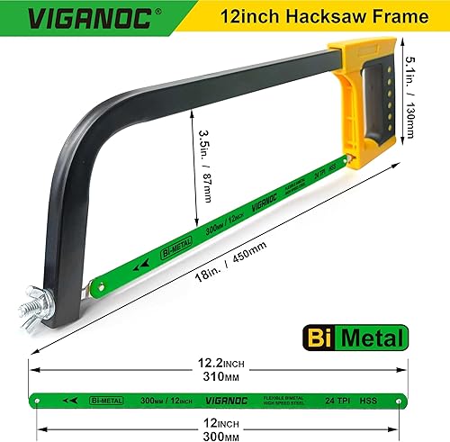 Miniatura 5 de Sierra de mano, sierra para metales de 12 pulgadas con hoja bimetálica de 24 TPI, marco de sierra de mano de alta tensión adecuado para metal,