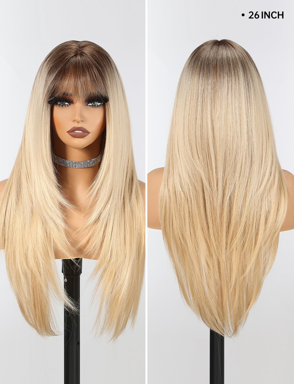 HAIRCUBE Long Straight Wigs for Women Blonde Color Layered Synthetic Wig with Fringe for Daily, 22 inches - Image 3