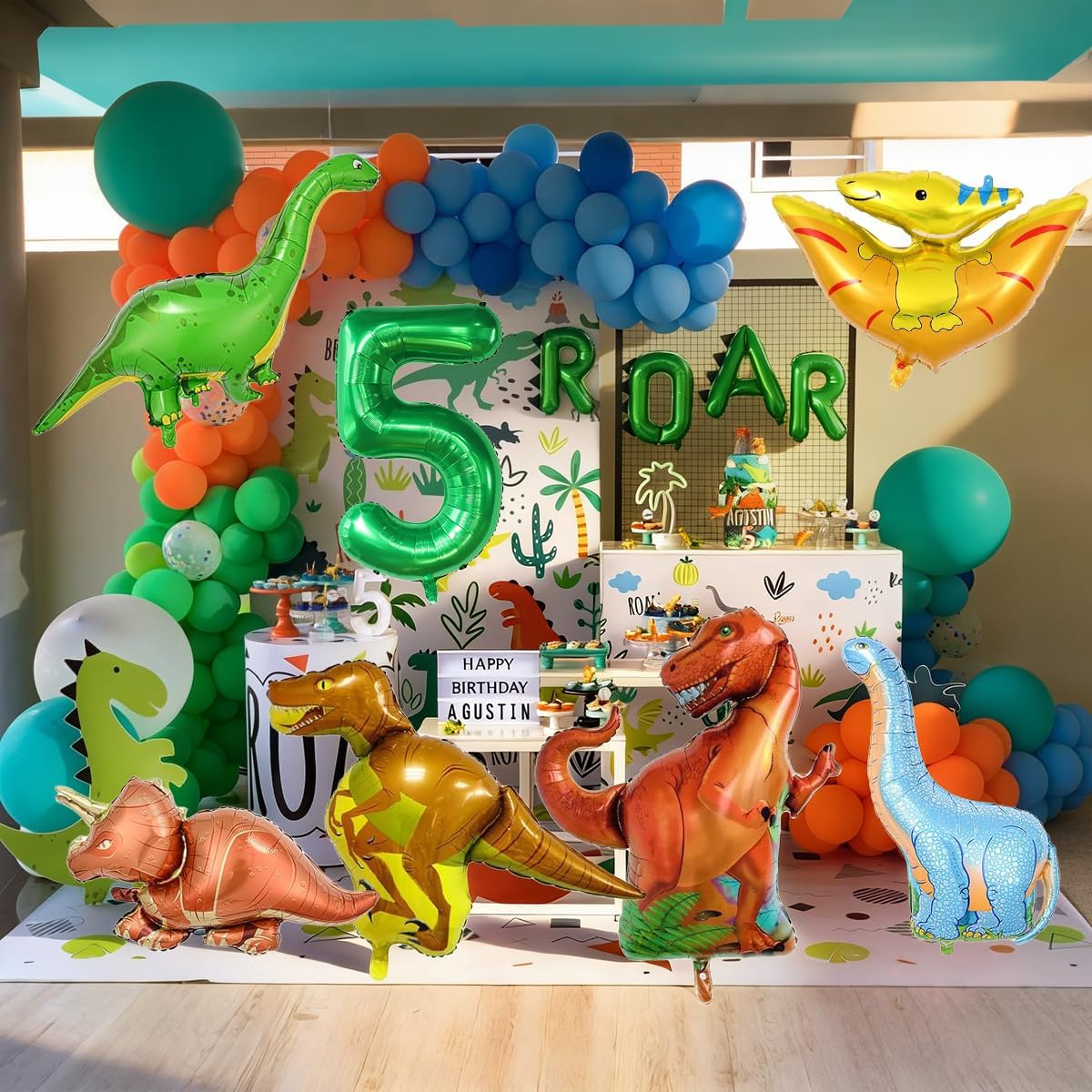 Dinosaur Balloons Set 7Pcs，40 Inch Number 5 Balloon，6 Pieces Dinosaur Balloons ，Jungle Dino Theme Party Supplies（5th） image 4
