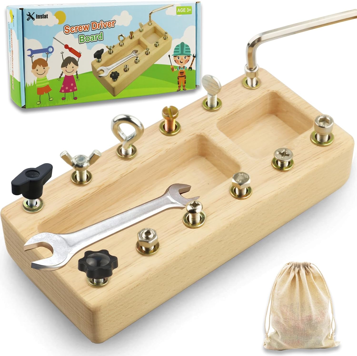 Inslat Montessori Screwdriver Board Set, Wooden Montessori Toy Tool for 3 4 5 Year Old Kids, Educational Screw Board Sensory Learning Toys STEM Fine Motor Skills Toys