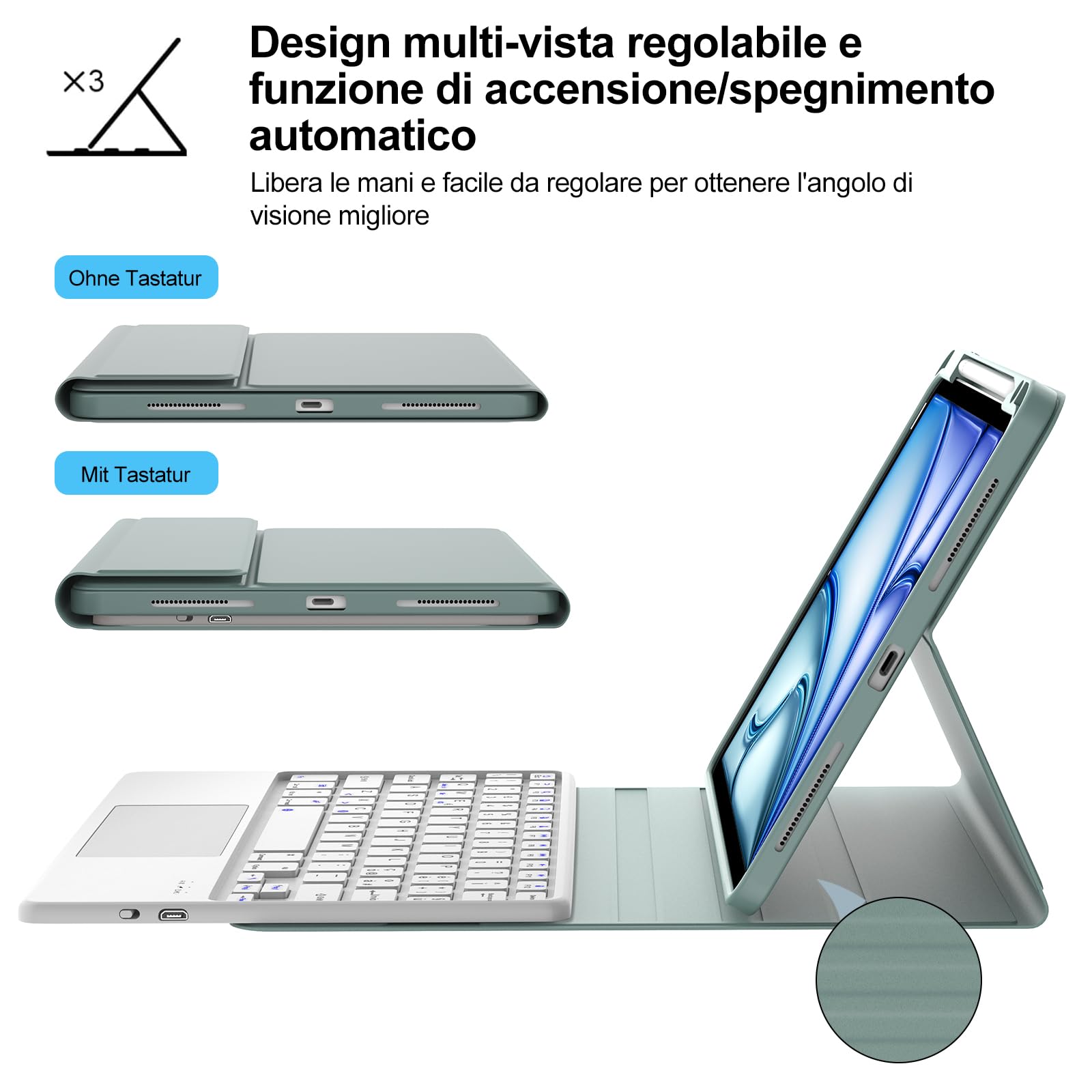 WINCHKING Cover Tastiera per iPad Air 11 M4 2026/M3 2025/M2 2024 con Touchpad, Italiano QWERTY, Custodia con Bluetooth Rimovibile Tastiera per iPad Air 11 Pollici M4/M3/M2, Verde scuro
