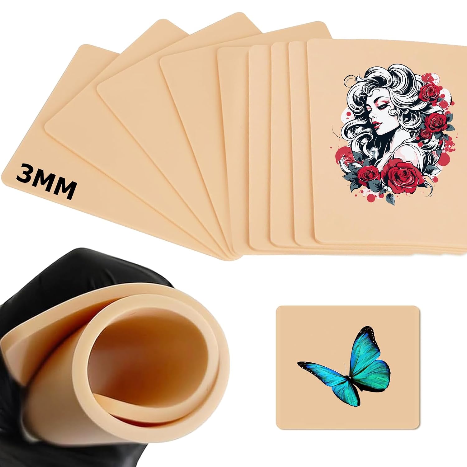 3MM Tattoo Practice Skins - 3pcs 3mm Silicone Skins & 6pcs Tattoo Transfer Paper