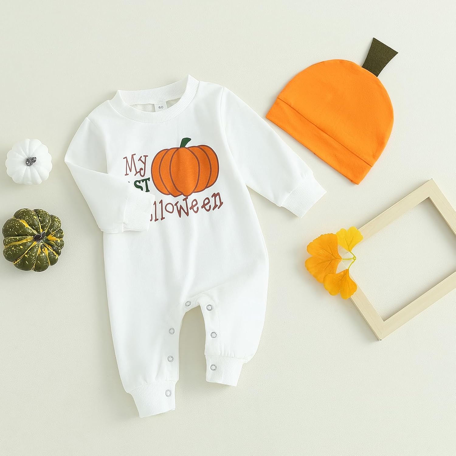 Ledy Champswiin 2Pcs Neutral Outfits Newborn Baby Boy Girl Pumpkin Romper Jumpsuit My 1st Halloween Clothes with Hat - Image 2