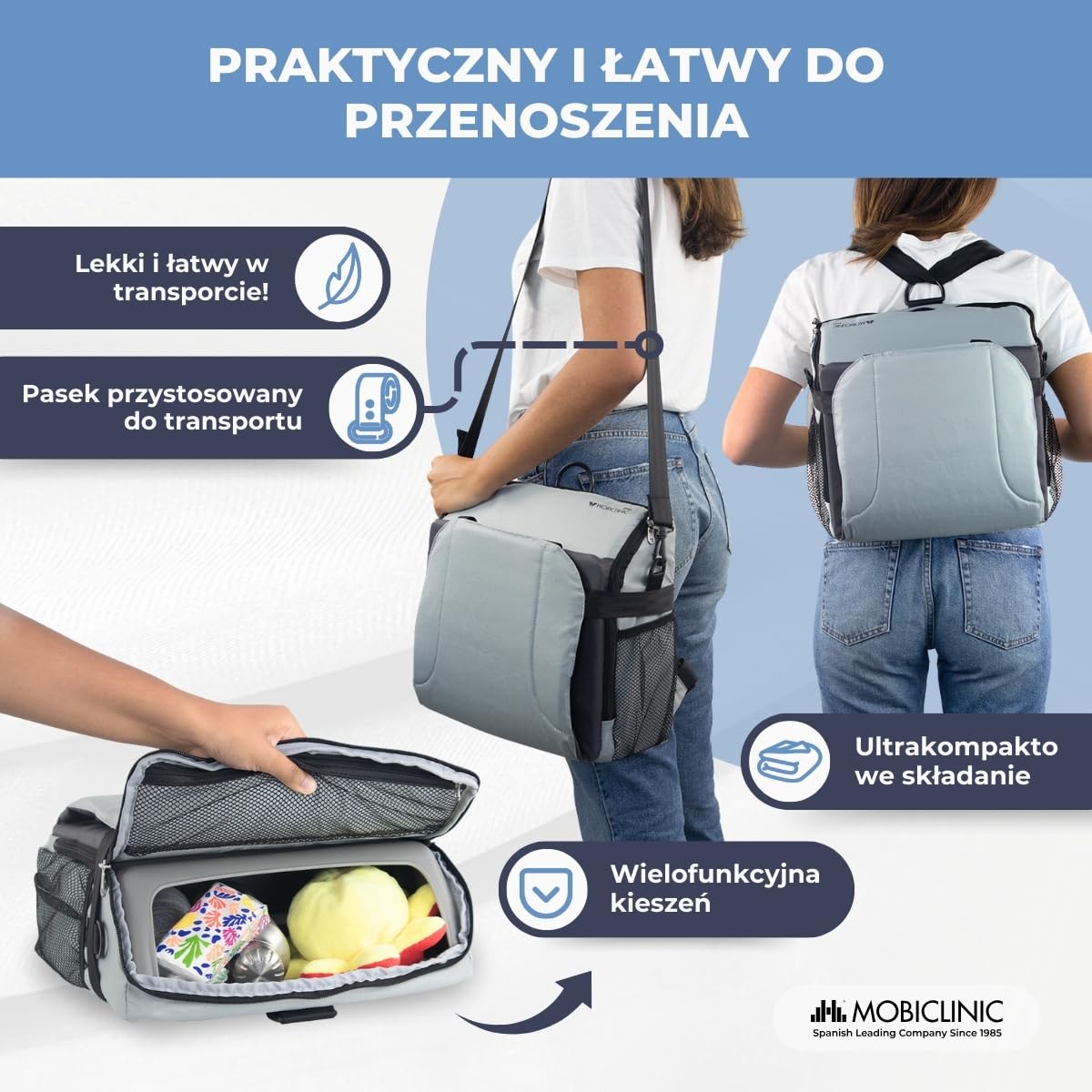 Krzesełko podróżne ze schowkiem | Dla niemowląt | Składane | Z kieszenią i uchwytem | Do 15 kg | Szare | Monkey | Mobiclinic