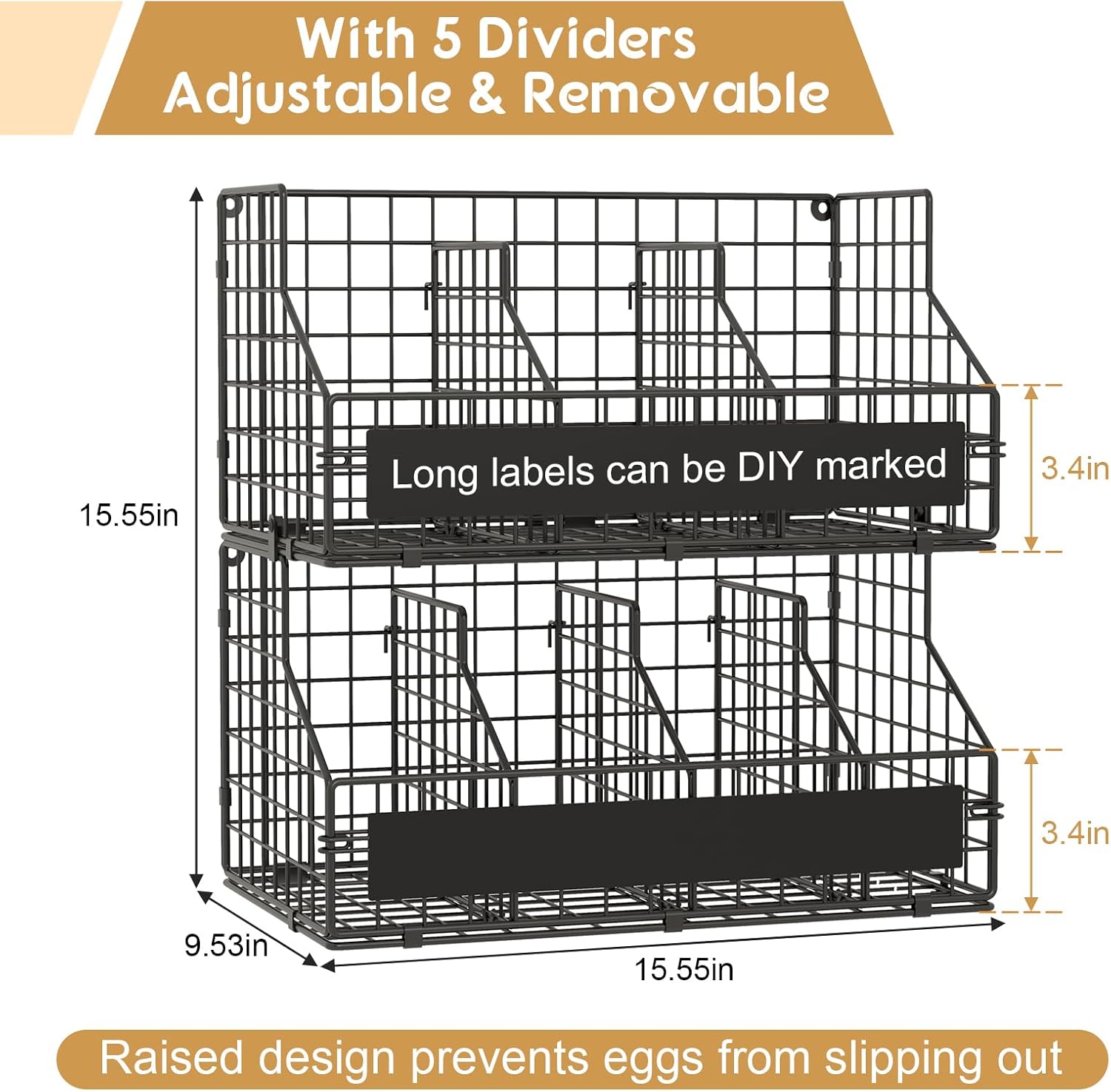 keomaisyto Egg Holder Countertop with 5 Dividers & DIY Labels to Separate Eggs, 2-Tier Stackable Wire Baskets, XXL Egg Basket for Gathering Fresh Eggs - Egg Organizer for Wall-Mounted(Patent Pending)