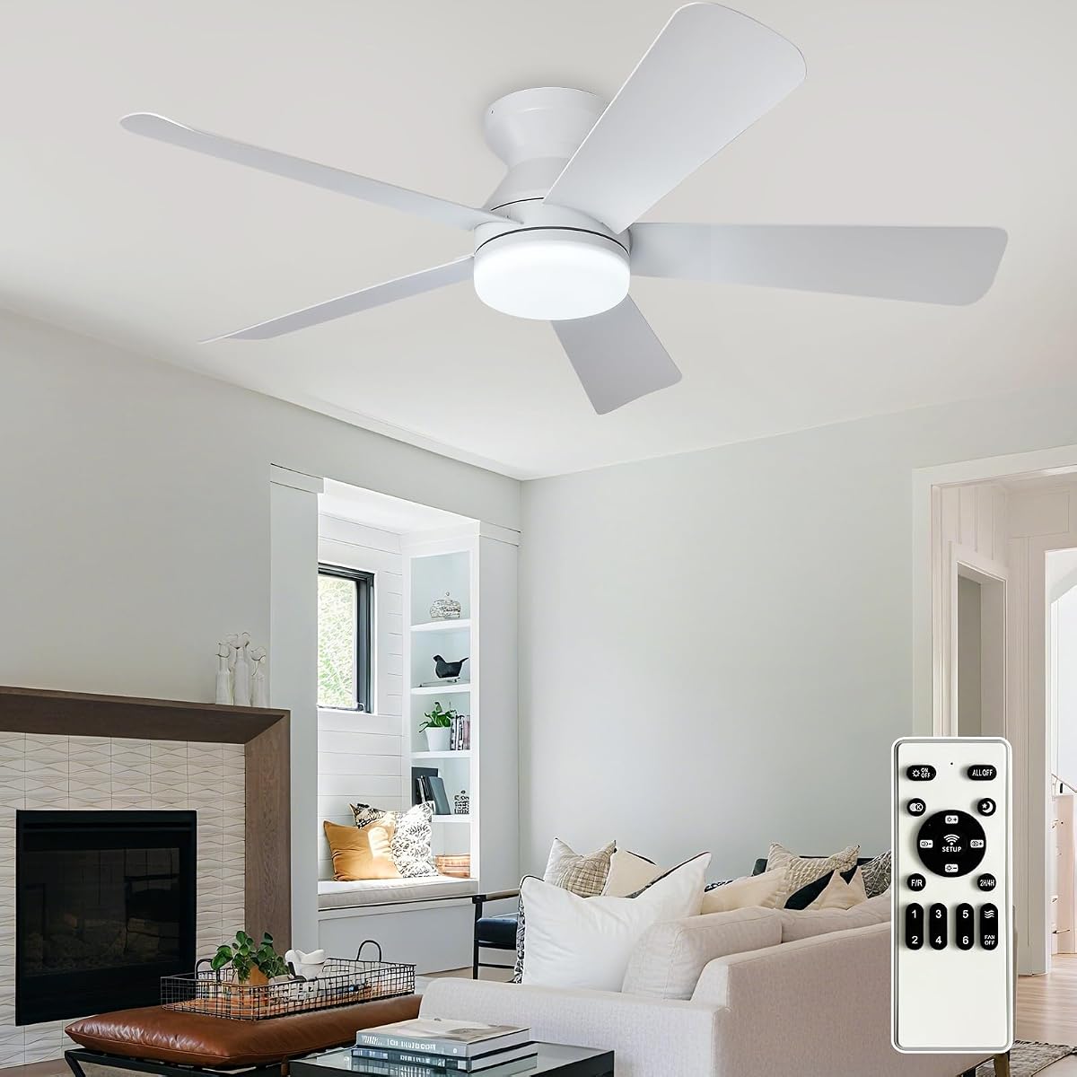 Ceiling Fans with Lights and Remote: 42 Inch Ceiling Fan with Light Low Profile - Flush Mount Ceiling Fan 5 Blades Reversible 3CCT Dimmable Noiseless for Bedroom (White)