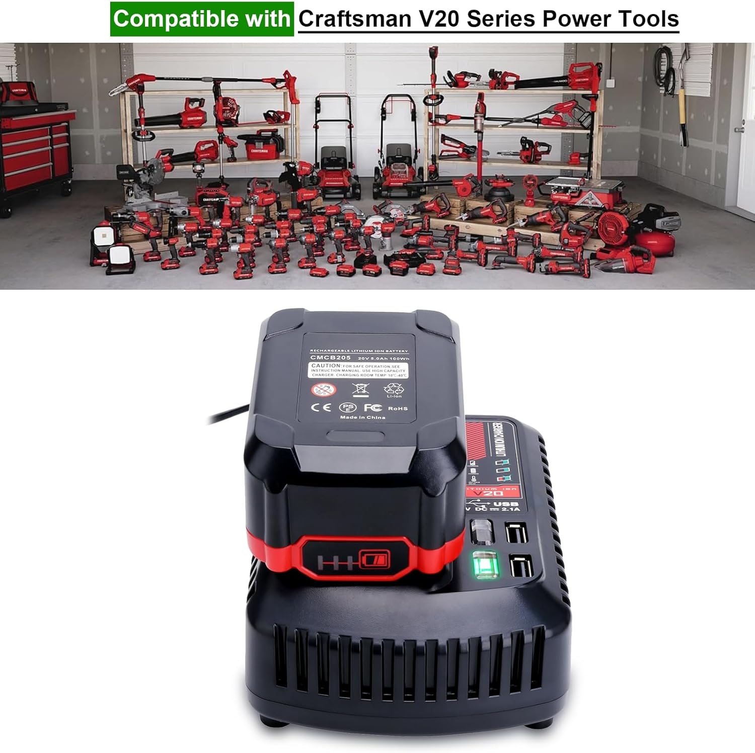 V20 Battery Fast Charger Compatible with Craftsman V20 Series 20V Lithium Battery CMCB202 CMCB204 CMCB203 CMCB206, Replacement for 20 Volt Charger CMCB100 CMCB102 CMCB104 CMCB124, with 2 USB Ports