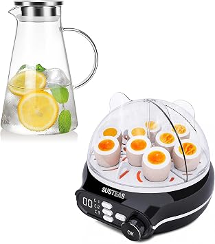 SUSTEAS 9-Capacity Rapid Egg Cooker Soft/Hard Boiled Eggs, Steamed Egg Poacher & Smart Auto Shut-Off and 68oz Heat-Resistant Glass Pitcher with Handle Perfect for Cold Brew, Iced Tea, Handled Cleanin