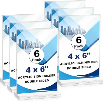 6 Pack Acrylic Sign Holders, Double-Sided Sign Holder, 4 x 6 Inch