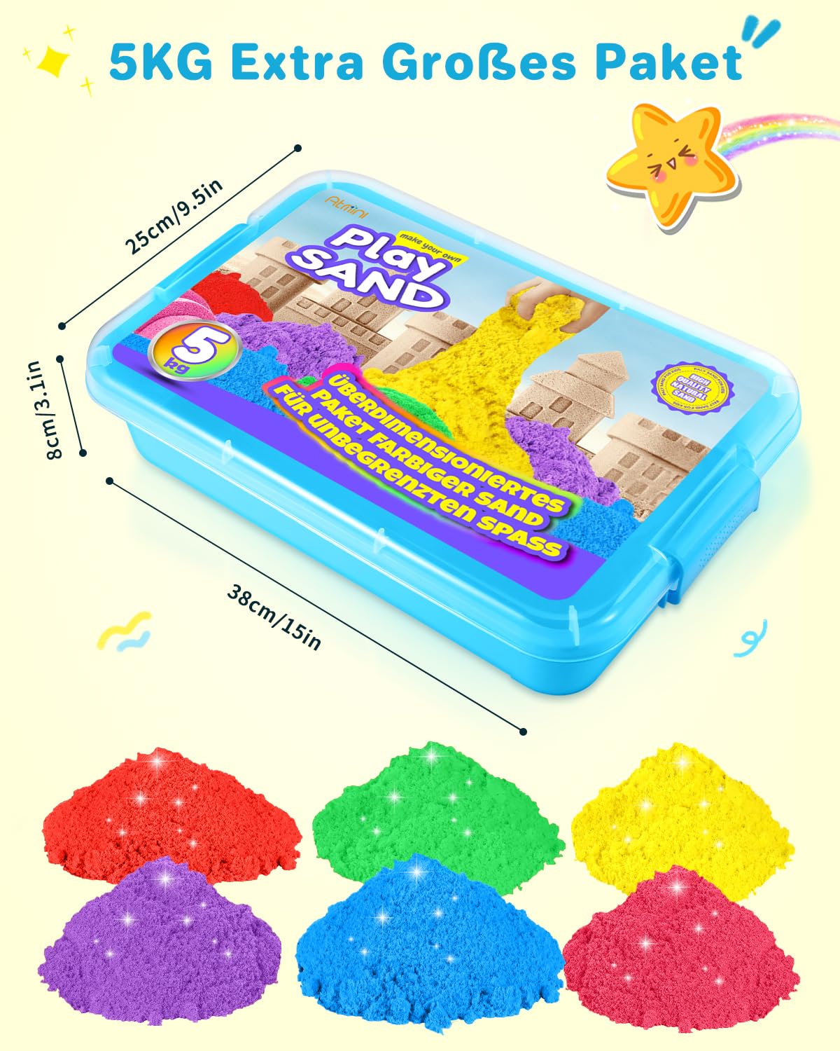 AtMini Wonder Sand Regenbogen Mix Set -5kg Spielsand with 6 Farbe，Knetsand für kinder Sandbox mit Deckel für kinder 3 4 5 6 7+ Jahre Alt（Blau）