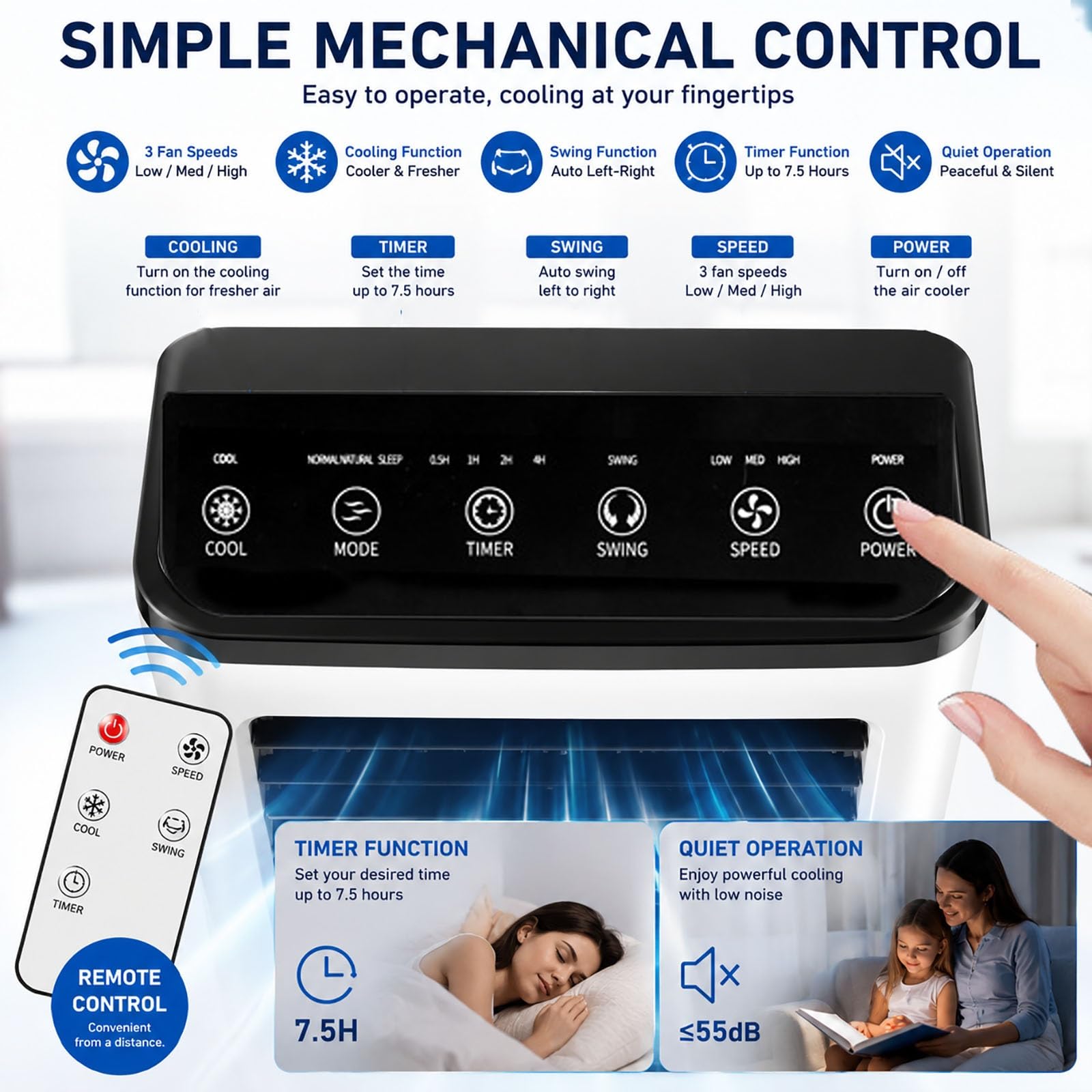 Rinfrescatore d'Aria Evaporativo 6L, Ventilatore Portatile con 4 Panetti di Ghiaccio, 3 Velocità, Timer 8H, Telecomando & Touch Control(White)