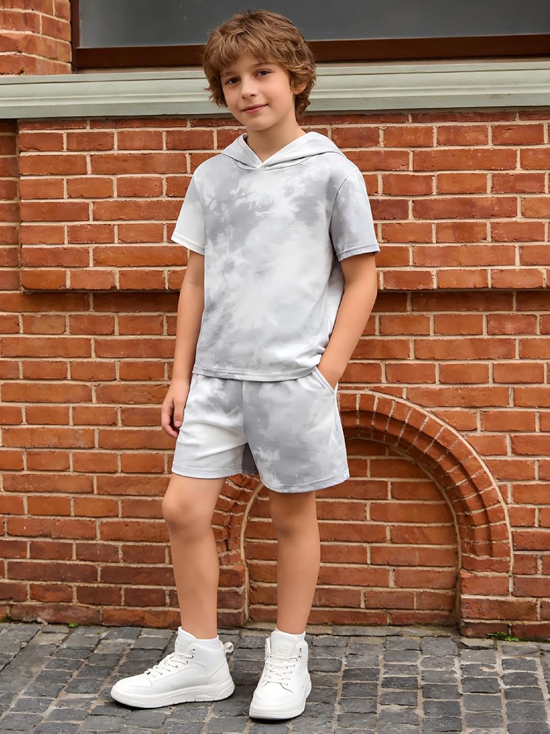 LPHGFZA Boys 2 Piece Outfits Tie-Dye Hooded Short Sleeve T-Shirt and Shorts Set Summer Clothes for Kids 6-13 Years - Image 2