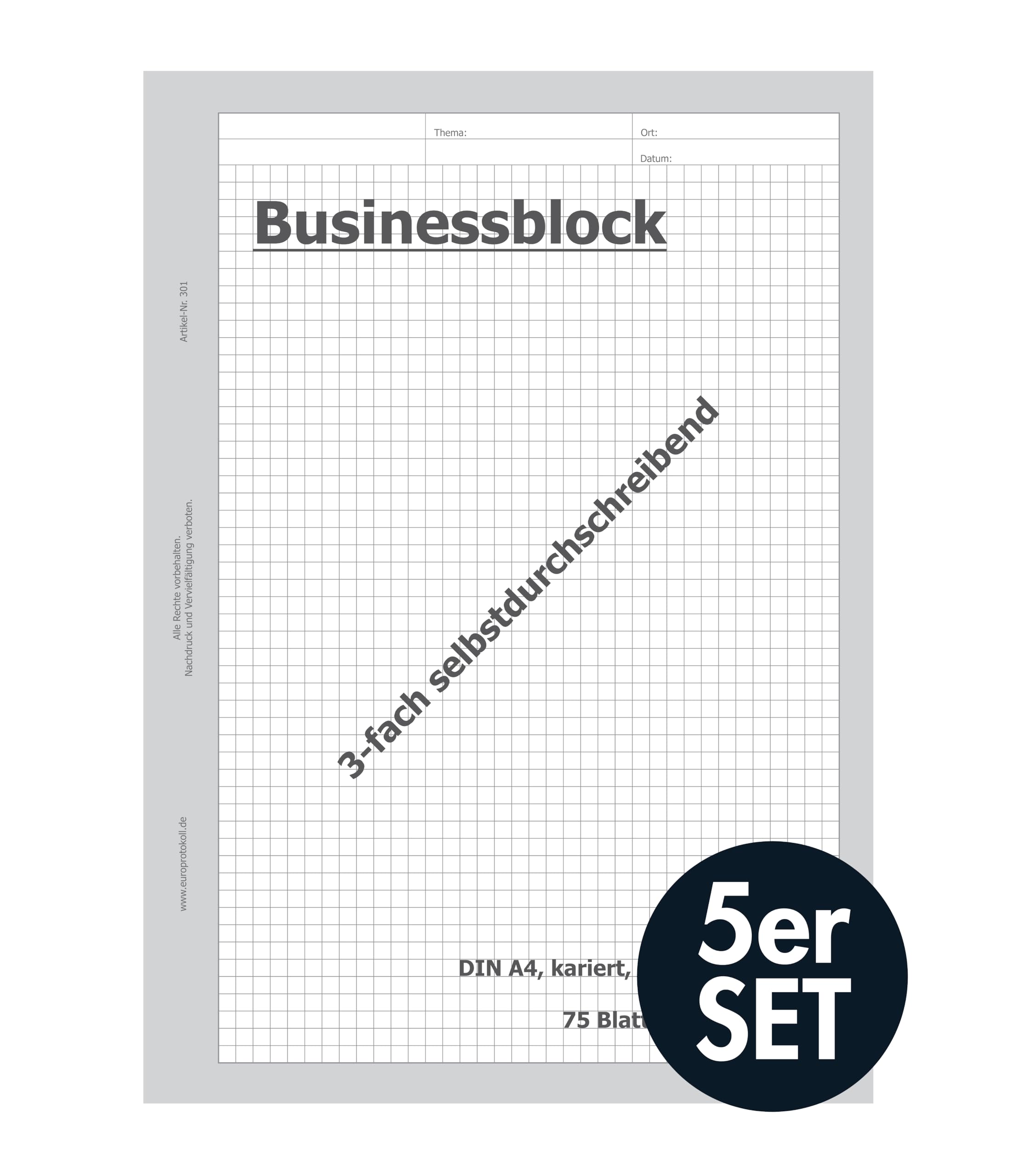 europrotokoll Karo-Durchschreibeblock, 3-fach selbstdurchschreibend, DIN A4, weiß, kariert (5er Set)