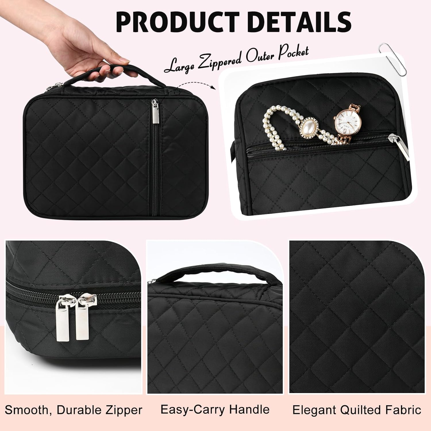 CEELGON Travel Jewelry Case Organizer and Storage Quilted Jewelry Pouch Box for Traveling Ring Necklace Earring Holder with Velvet Jewelry Binder Mini Portable Jewelry Bag (Black)
