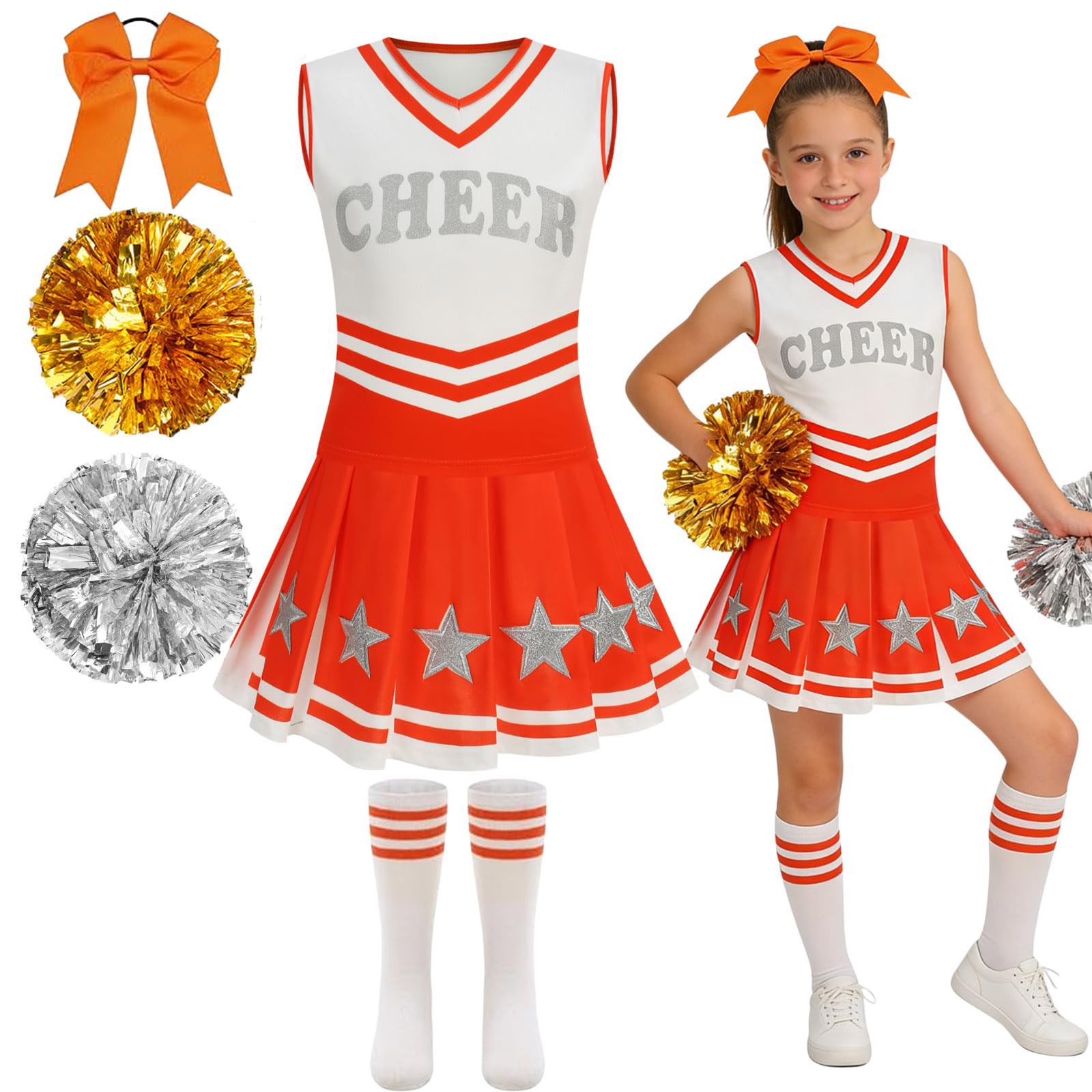 Girls Cheerleader Costume 5 PCS Shiny Star Style Kids Cheerleader Outfit with Pull Ring Pom Poms, Top, Skirt, Socks and Headband for 2026 World Book Day Halloween School Events (Orange, 4-5Y )