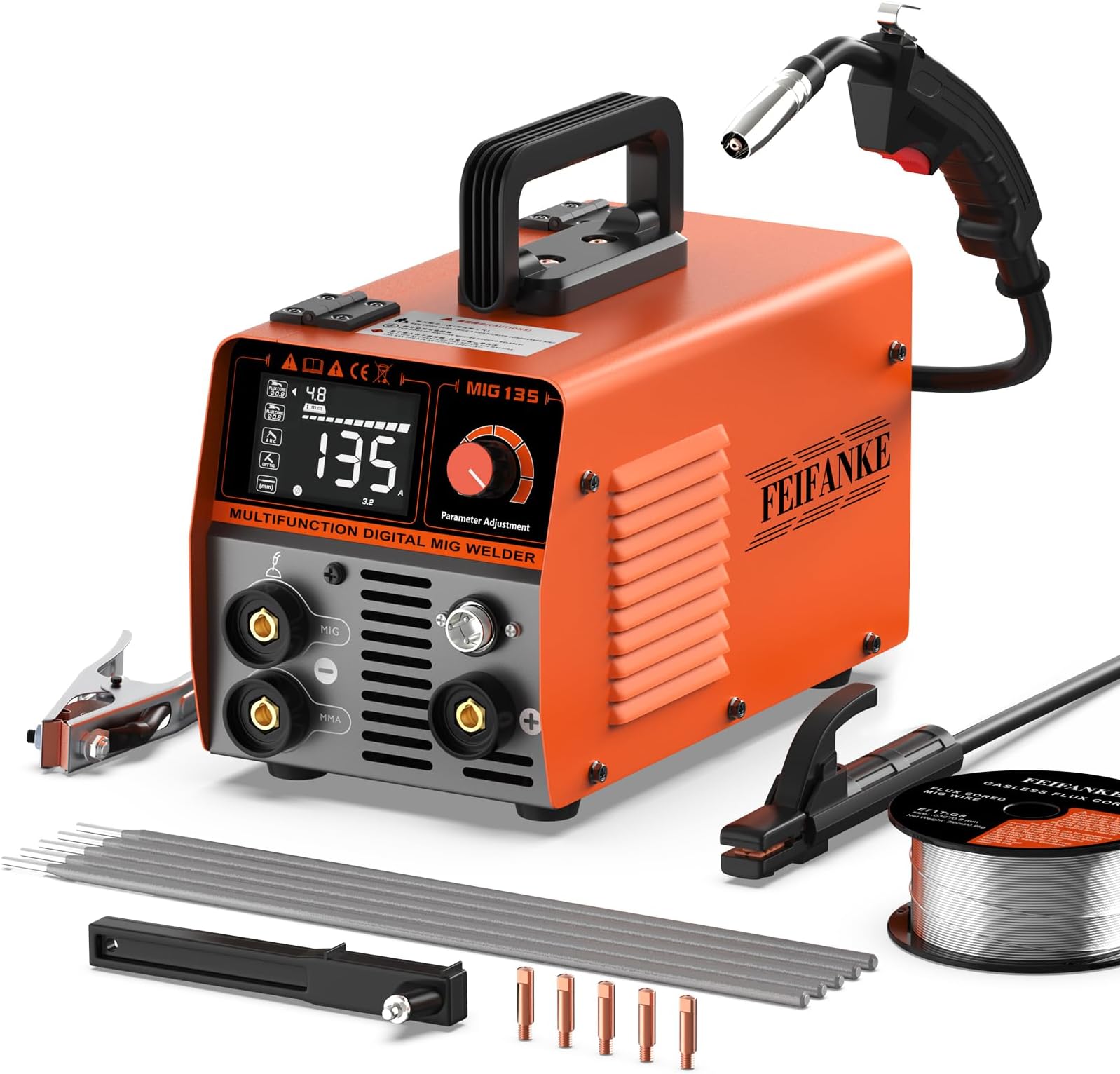 FEIFANKE Gasless MIG Welders 240V 135A Portable Welding Machine 3-in-1 MIG/ARC/Lift TIG Inverter Welder IGBT Synergy Stick Welder Smart Digital LED Dispaly with Flux Core Welding Wire and MIG Torch