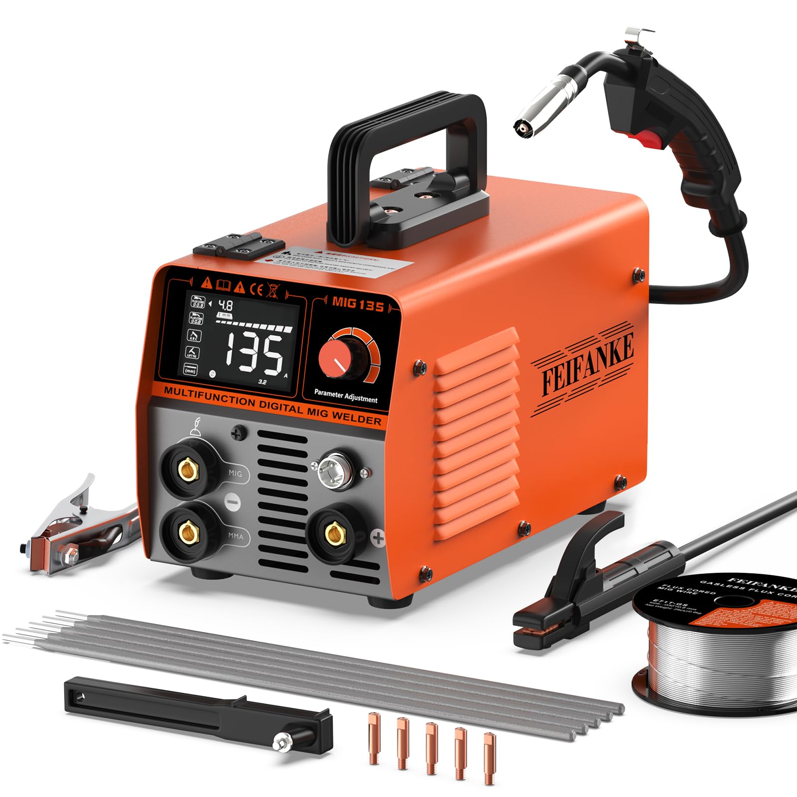 Gasless MIG Welders 240V 135A Portable Welding Machine 3-in-1 MIG/ARC/Lift TIG Inverter Welder IGBT Synergy Stick Welder Smart Digital LED Dispaly with Flux Core Welding Wire and MIG Torch