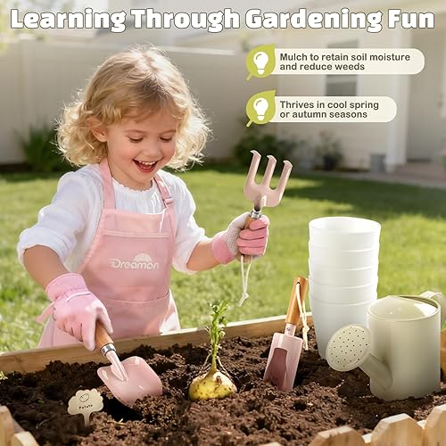 Miniatura 4 de Dreamon Juego de juguetes de jardinería para niños, kit de herramientas de jardín de calidad que incluye bolsa de mano, delantal, guantes, pala,