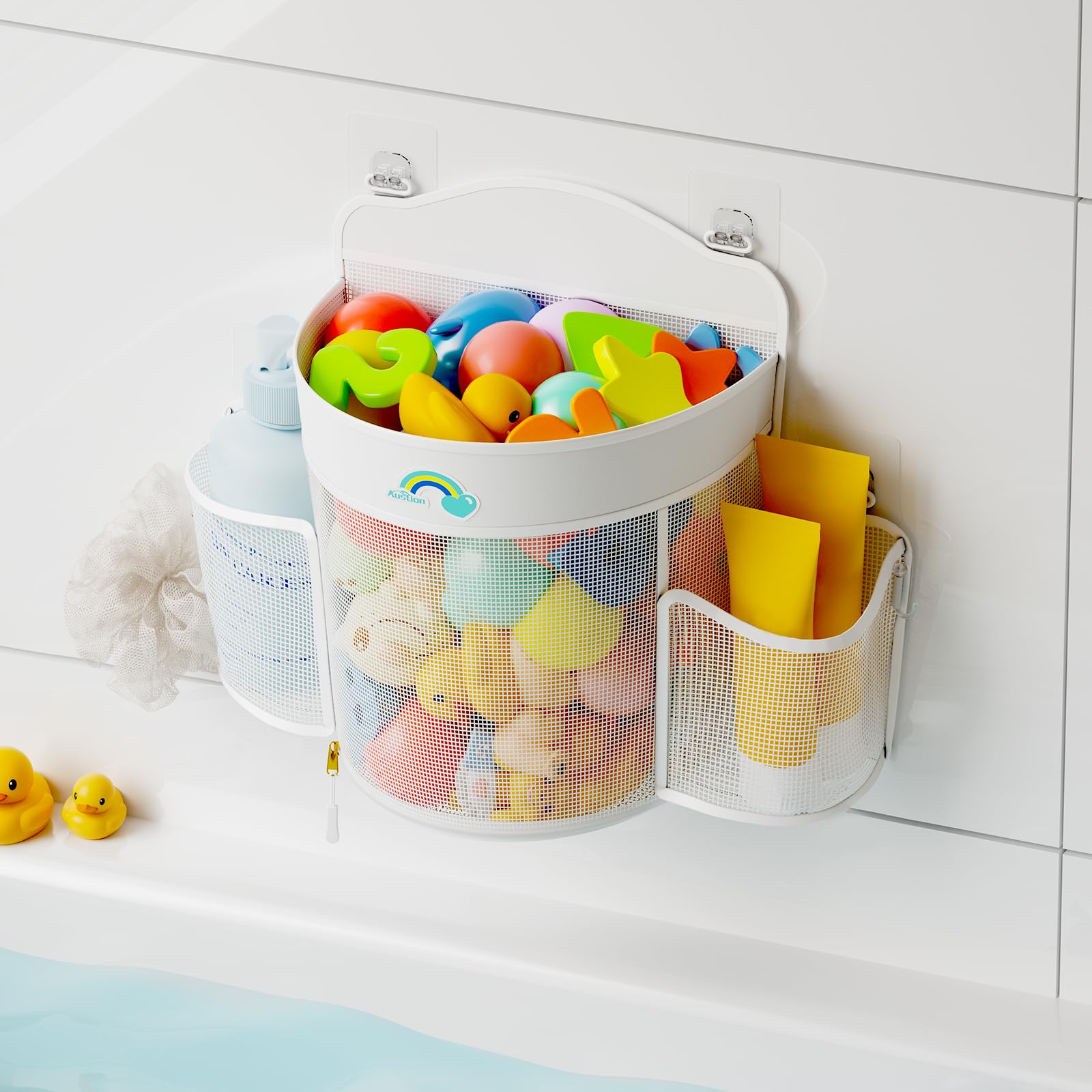 Austion Bath Toy Storage, Mesh Organizer with Side Pockets & Bottom Zipper | Large Opening for Easy Access, Quick Dry, Hanging Space-saving Design, Ideal Storage Solution for Kids Bathtub Toys, White