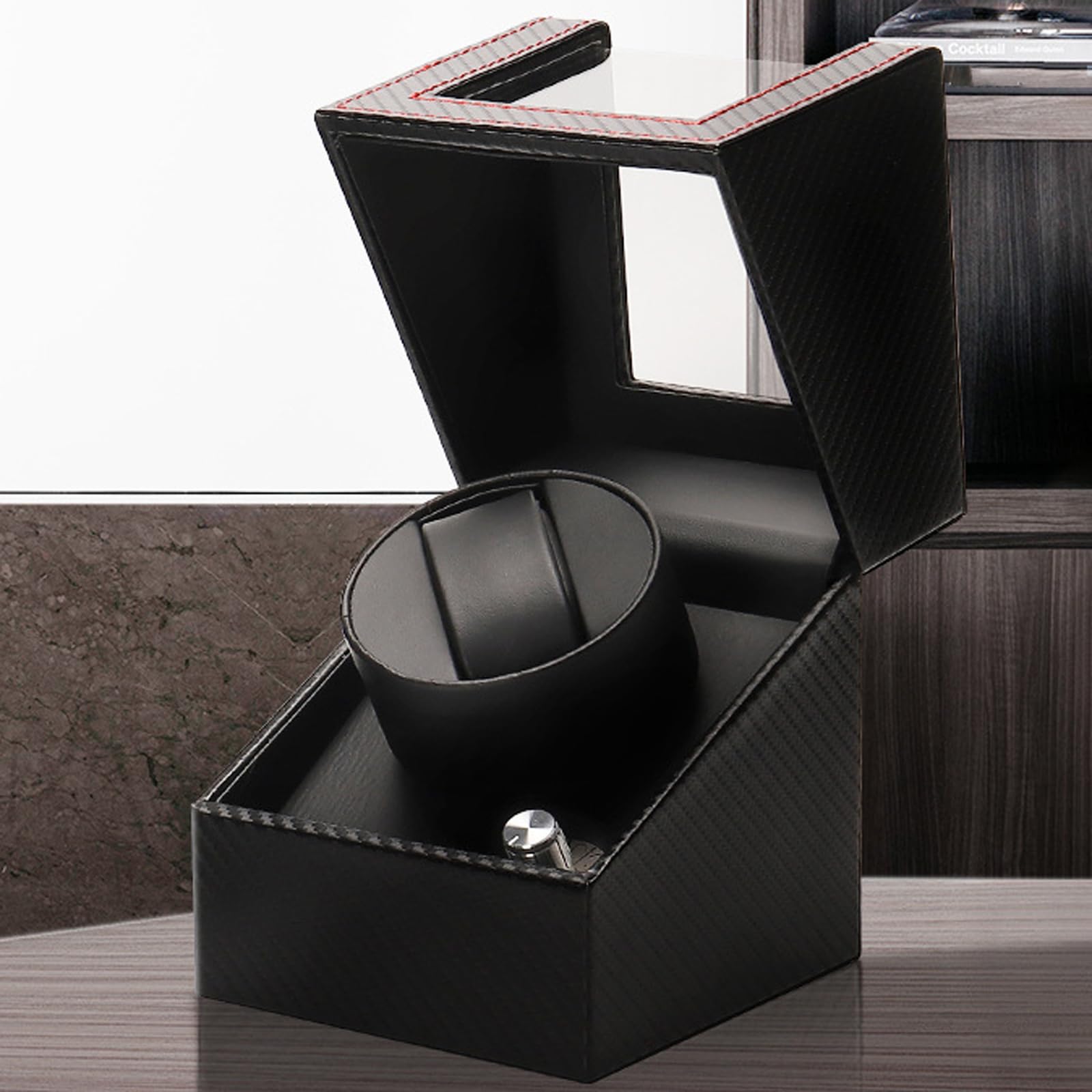 Remontoir Montre Automatique,Boite Montre Automatique,Remontoir Automatique avec LumièRe LED,BoîTe De Remontoir De Montre pour 1 Montres,Remontoir Automatique en Cuir PU
