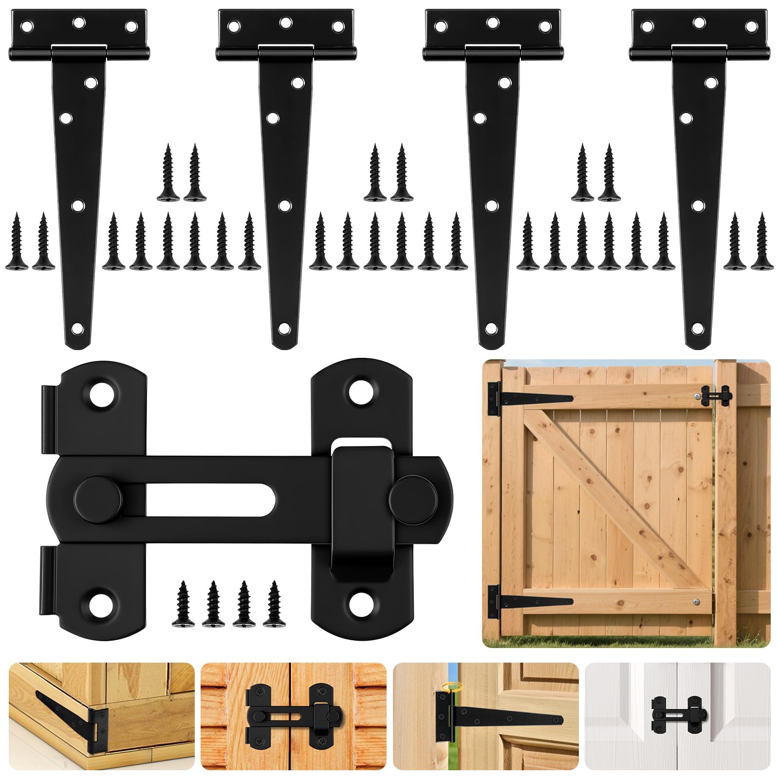 HOTUT 4X 6 Tee Hinges, Heavy Duty T-Hinges with 1 Stainless Steel Door Latch, Metal T Hinge with Rustproof Coating