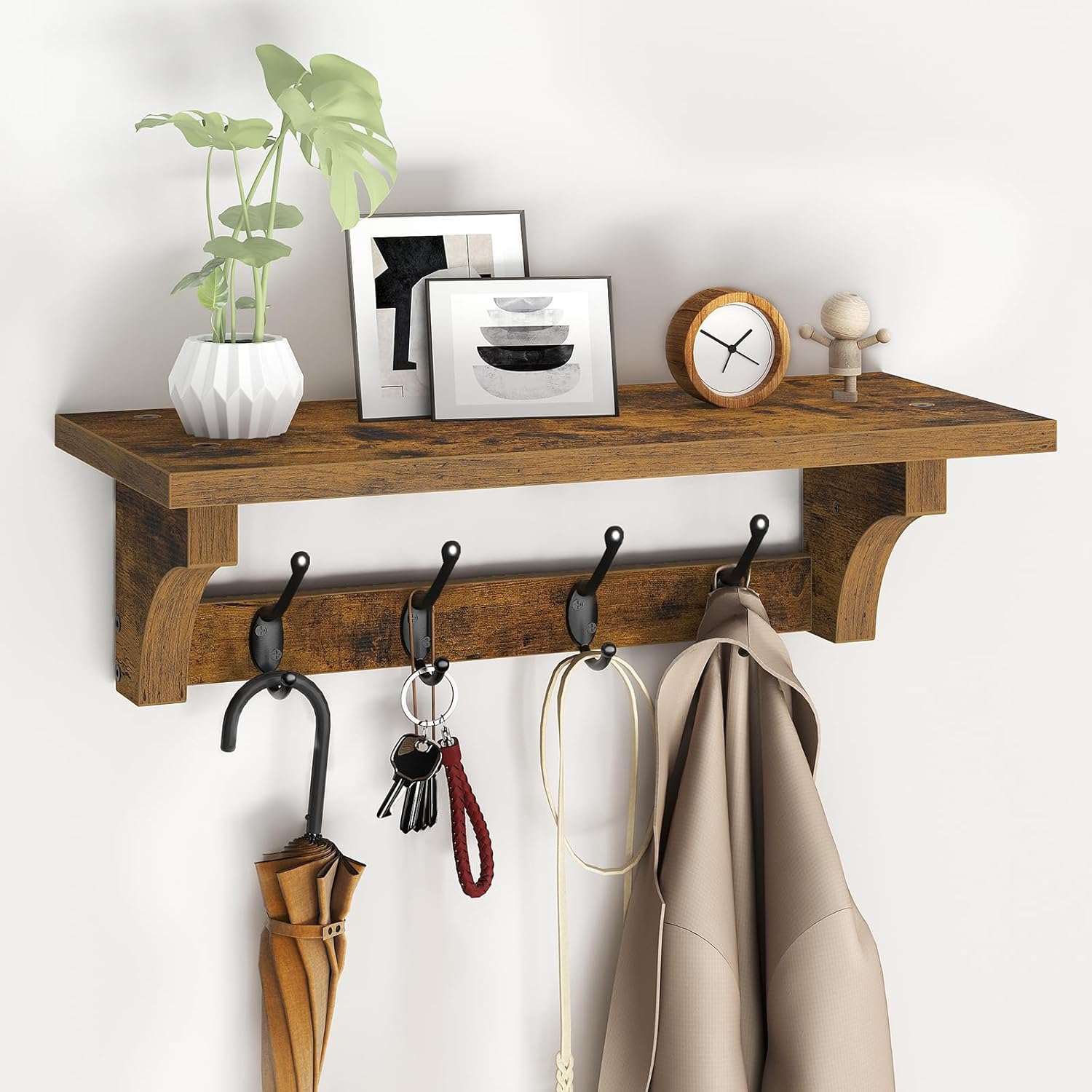 Coat Rack Wall Mount Shelf, 15.7" Entryway Shelf with 4 Metal Hooks, Coat Hangers for Living Room, Farmhouse Wooden Wall Shelves for Bathroom, Bedroom, Kitchen, Rustic Brown 4201BJBF