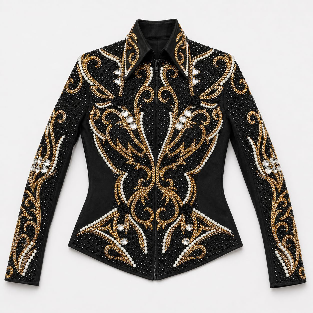 Women’s Western Showmanship Jacket Black – Luxury Crystal Equestrian Riding Coat with Gold Baroque Design