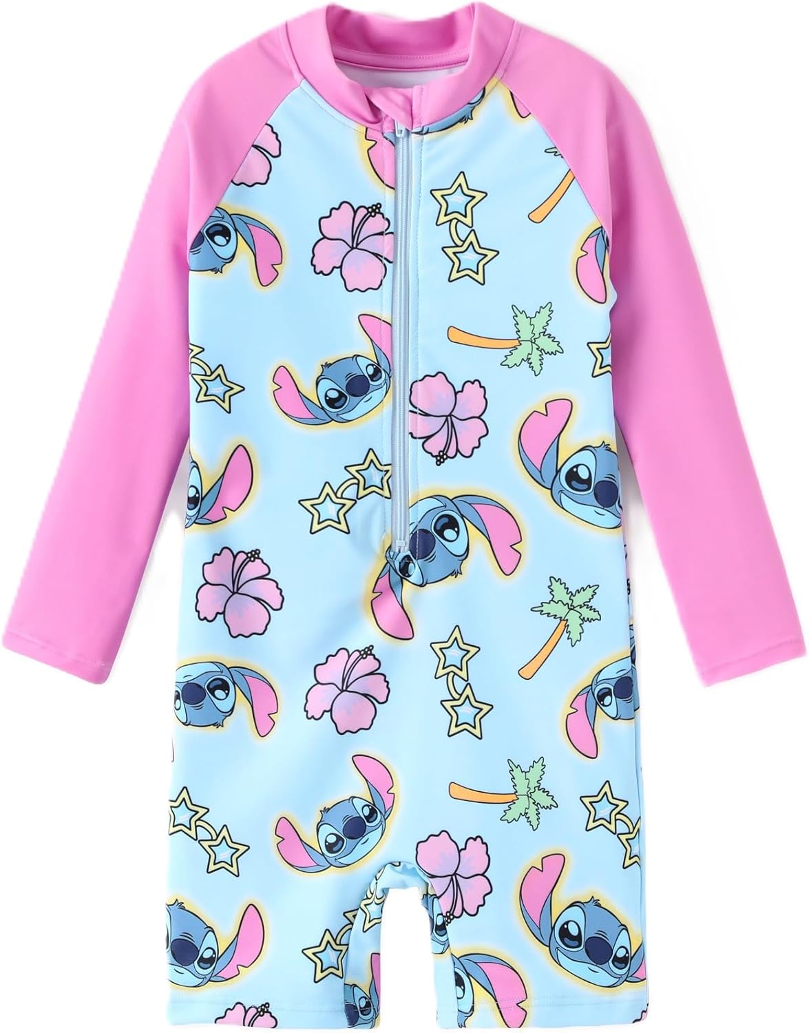 Disney Stitch Girls Swimsuits Lilo & Stitch Long Sleeves UPF 50 Rashguard Bathing Suits Pink for Toddler Girls Size 2-9Y