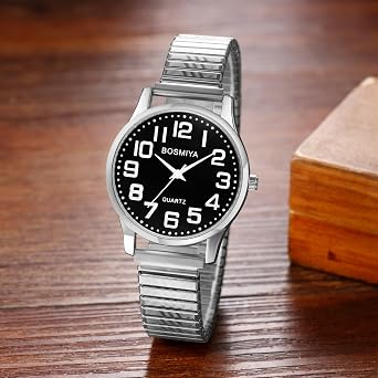 JewelryWe Pair of Watches with Elastic Strap Men Women Analogue Quartz Wristwatch Stainless Steel Stretch Bracelet Senior Partner Watches with Black Large Numbers Dial and Stretch Bracelet