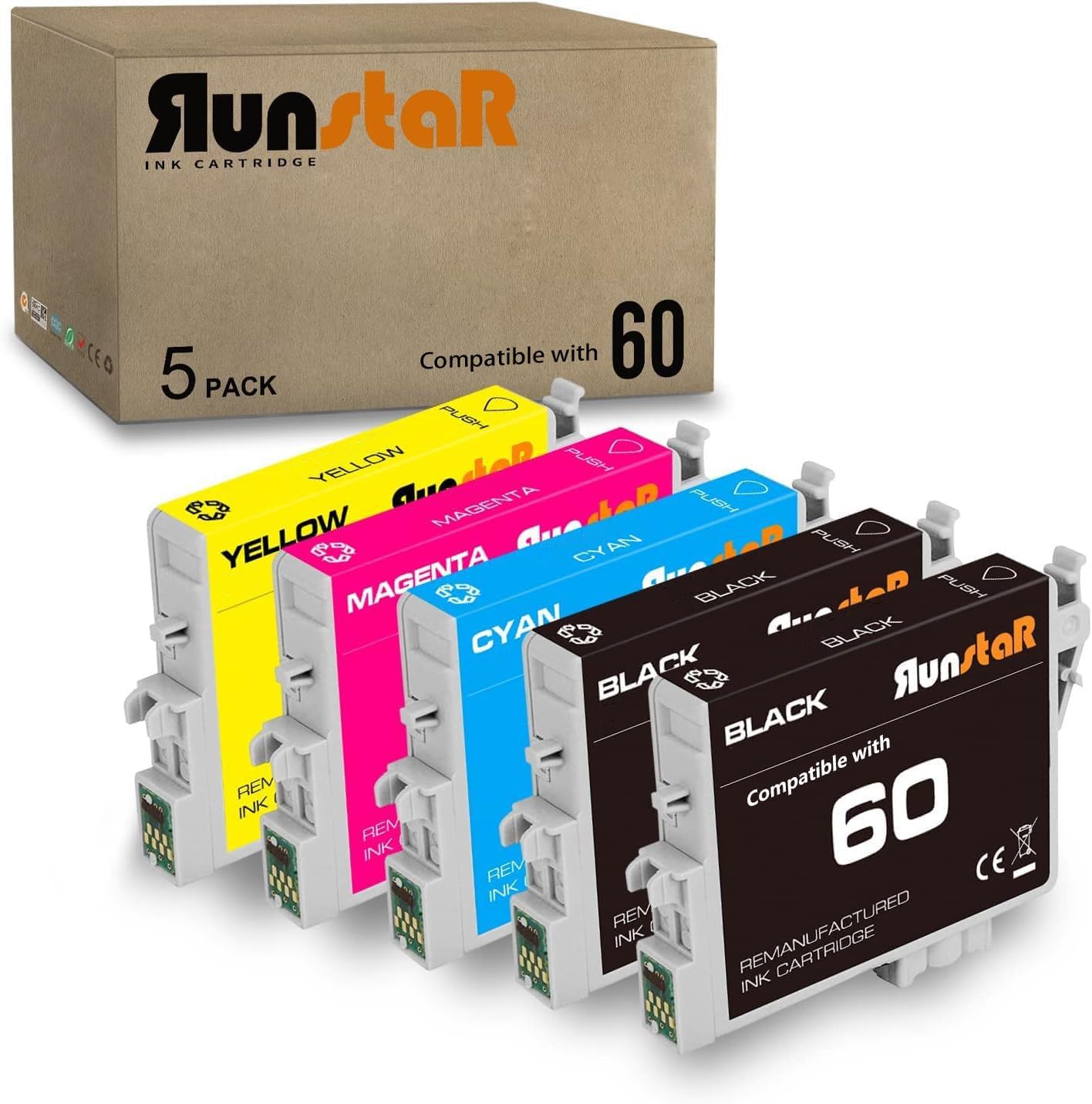Run Star 5 Packs Remanufactured for T060 Ink Cartridge Replacement for Epson 60 T060 use for Epson Stylus C88 CX3800 CX3810 CX4200 CX4800 CX5800F CX7800 C68 C88PLUS Printer (2BK/C/M/Y)