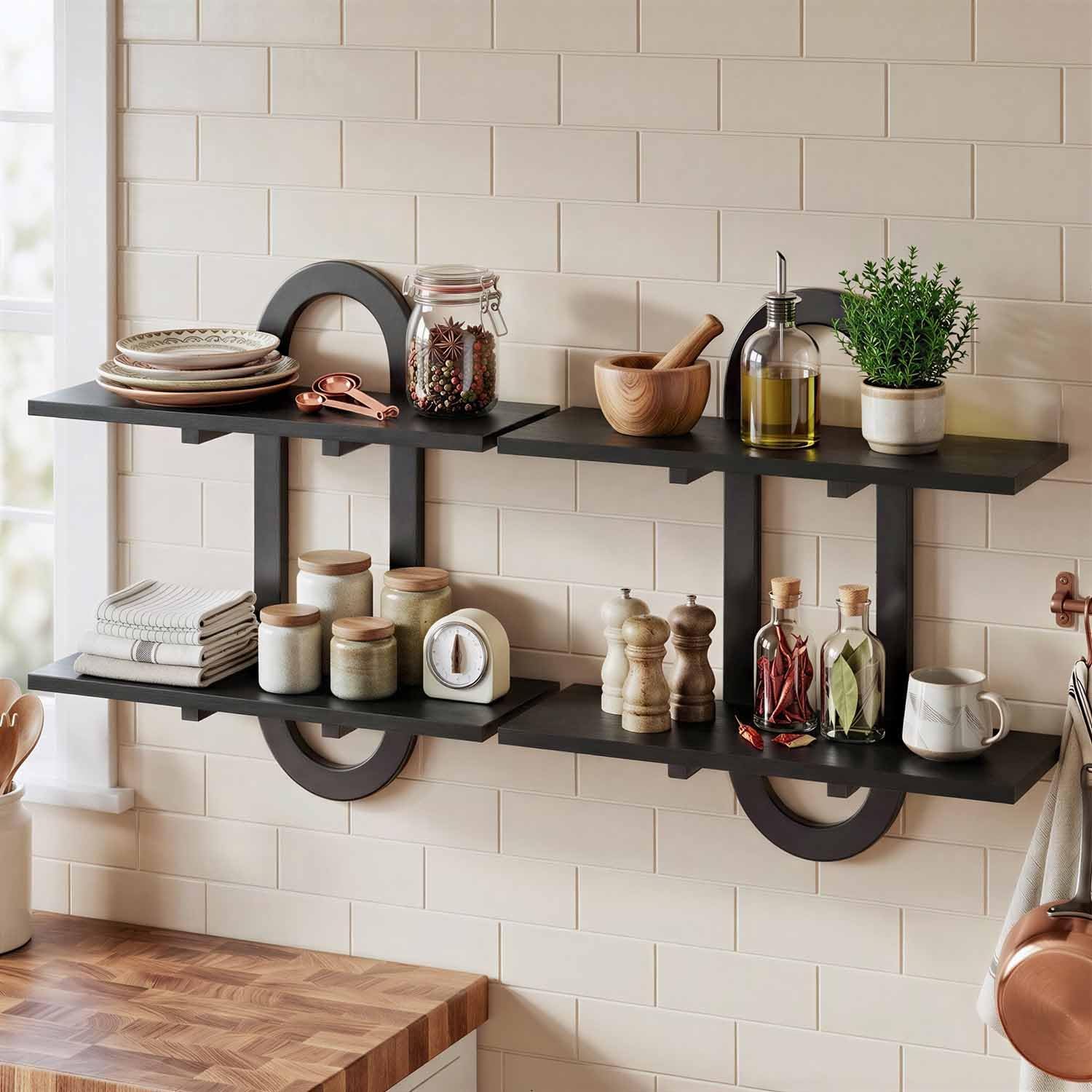 Floating Shelves, 2Pcs Wall Mounted Shelves with 2-Tier Bathroom Hanging Storage Shelves Set for Living Room Bedroom Bathroom Office Kitchen, Black