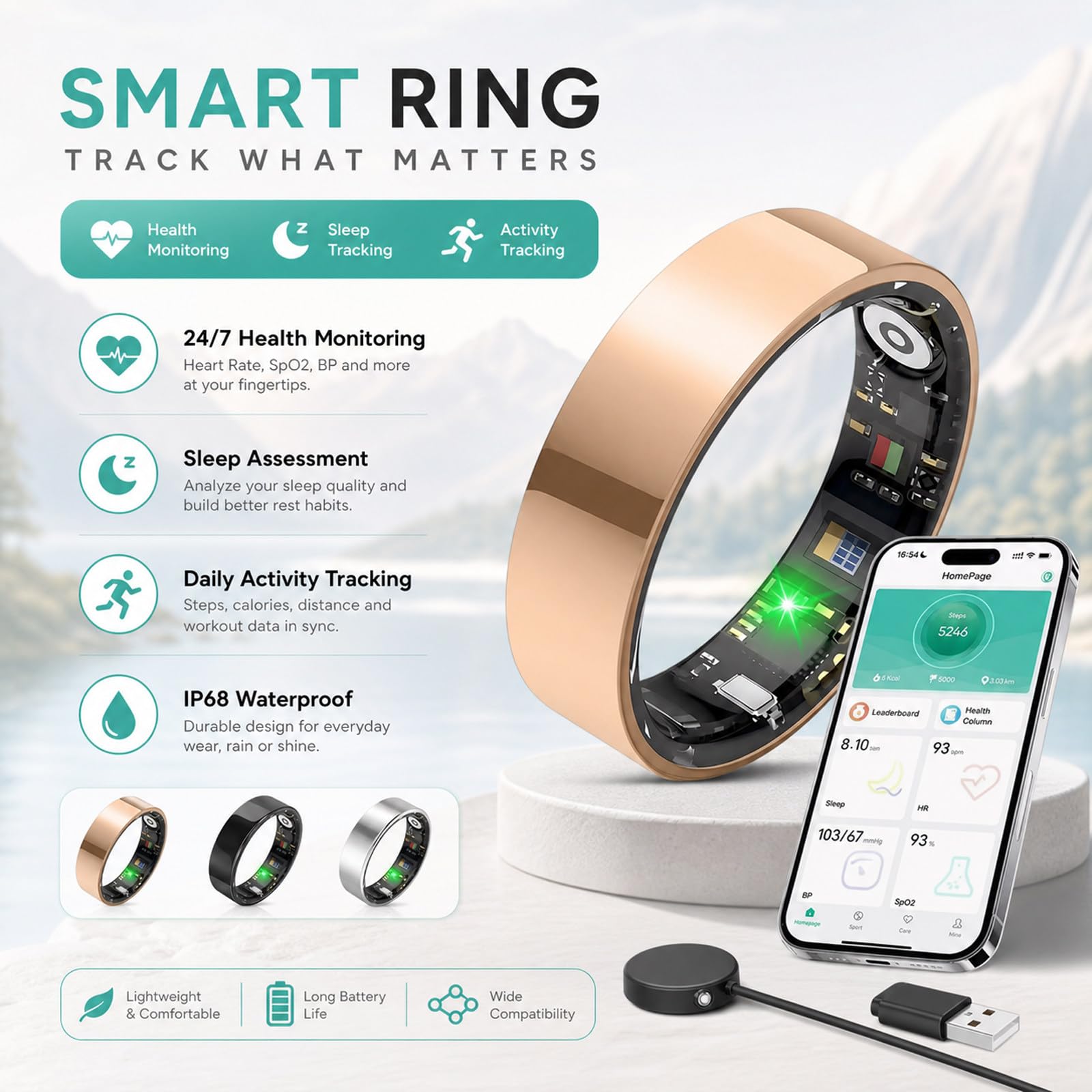 Smart Ring Health Tracker, Anillos de Salud Portátiles con Seguimiento del Sueño, con Contador de Pasos, Seguimiento de Calorías, Rastreador de Sueño, Anillo Black-13#