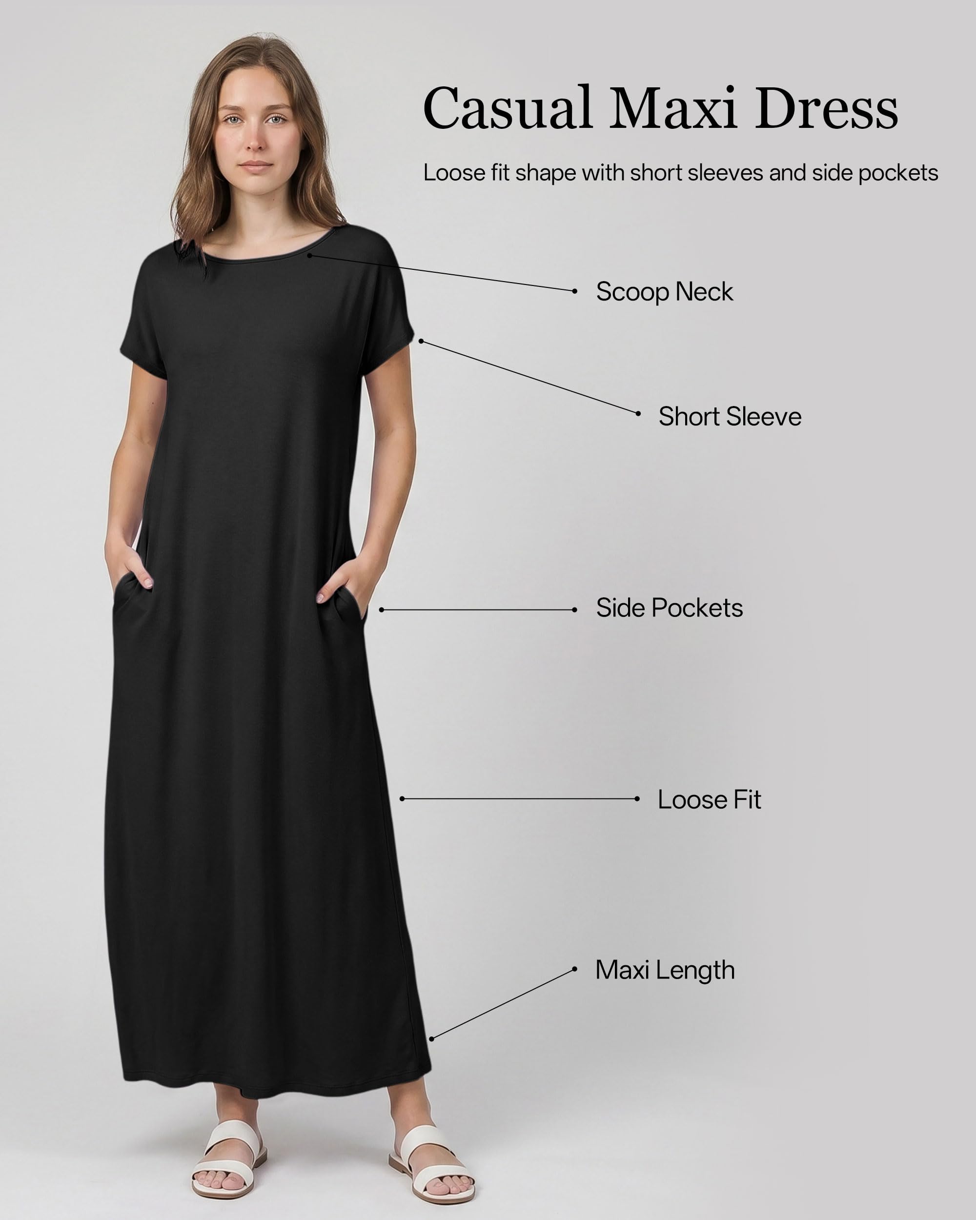 Maxi abito casual da donna con tasche, vestibilità ampia, estivo, a maniche corte, in viscosa, per spiaggia e vacanze, S-3XL