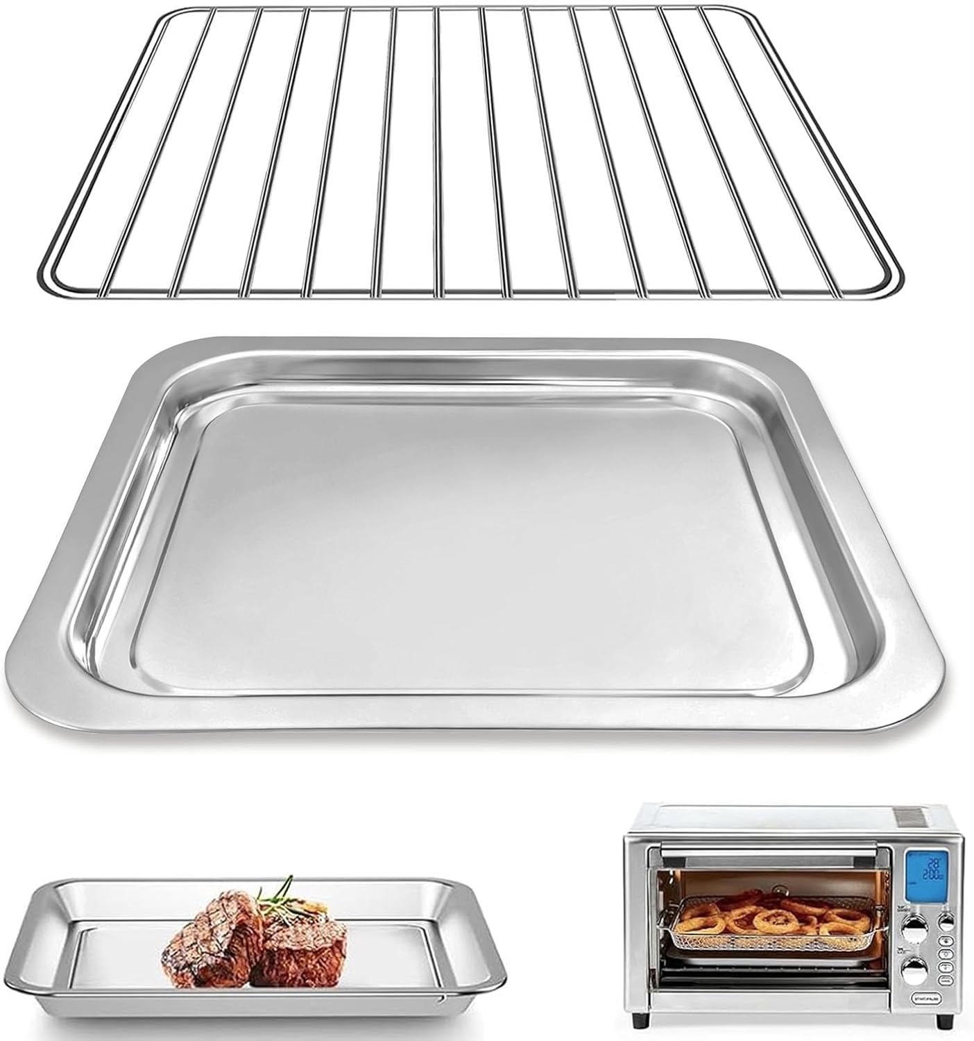 GCQ Air Fryer Accessories for Emeril Lagasse Everyday 360 Air Fryer, Including 12''×10'' Stainless Steel Air Fryer Non-stick Grill Pan Plate Tray and 12.4''×10'' Food-Grade Wire Rack Replacement Parts