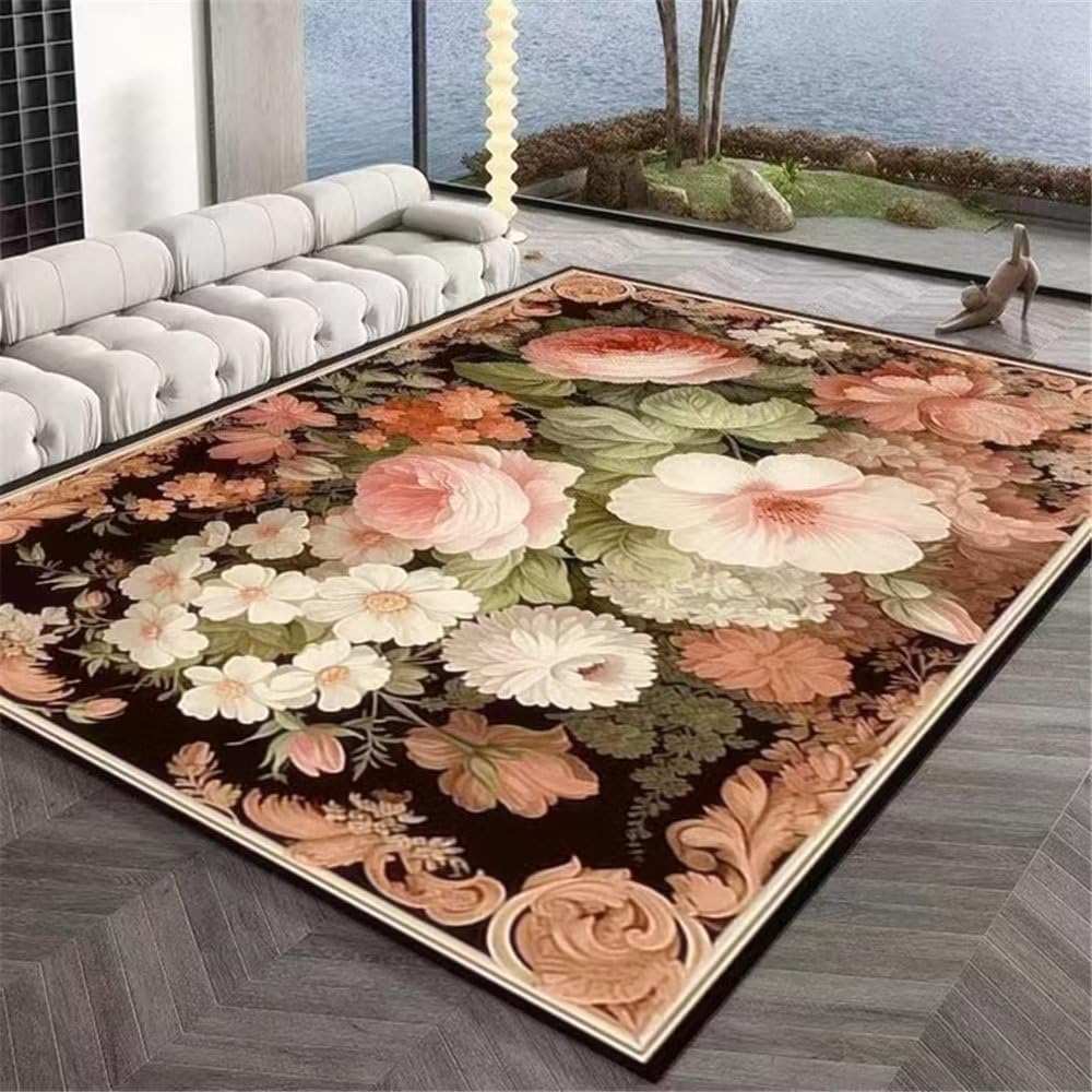 Tapis de chambre 200x300cm grand format floral marron pour grand salon et chambre