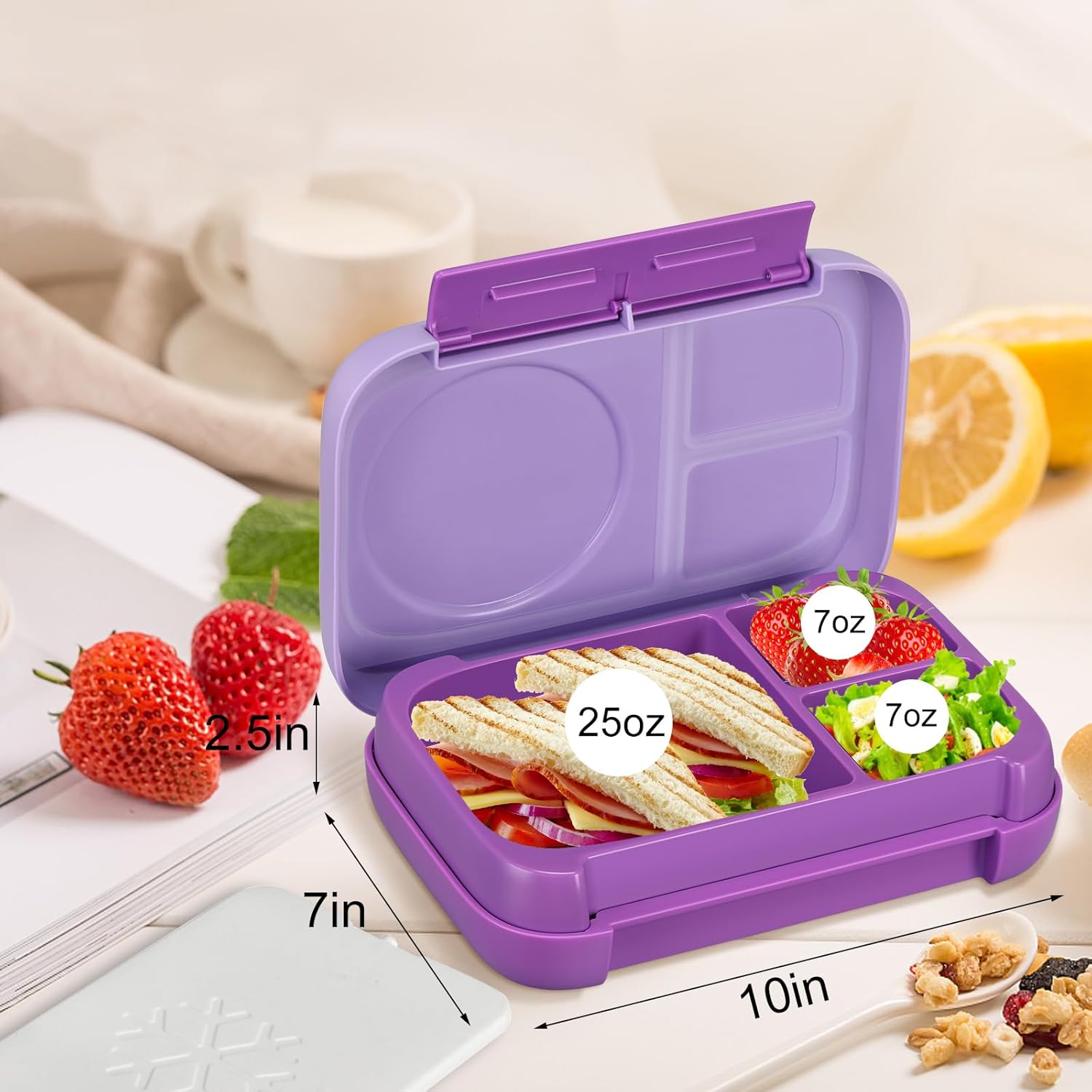 Bento Box for Kids,Kids Bento Lunch Box with Built-in Ice Pack for School,3 Compartments Leak Proof Lunch Container with Utensils for Girl Boy;BPA Free,Microwave & Dishwasher Safe, 44oz(Purple) - Image 4