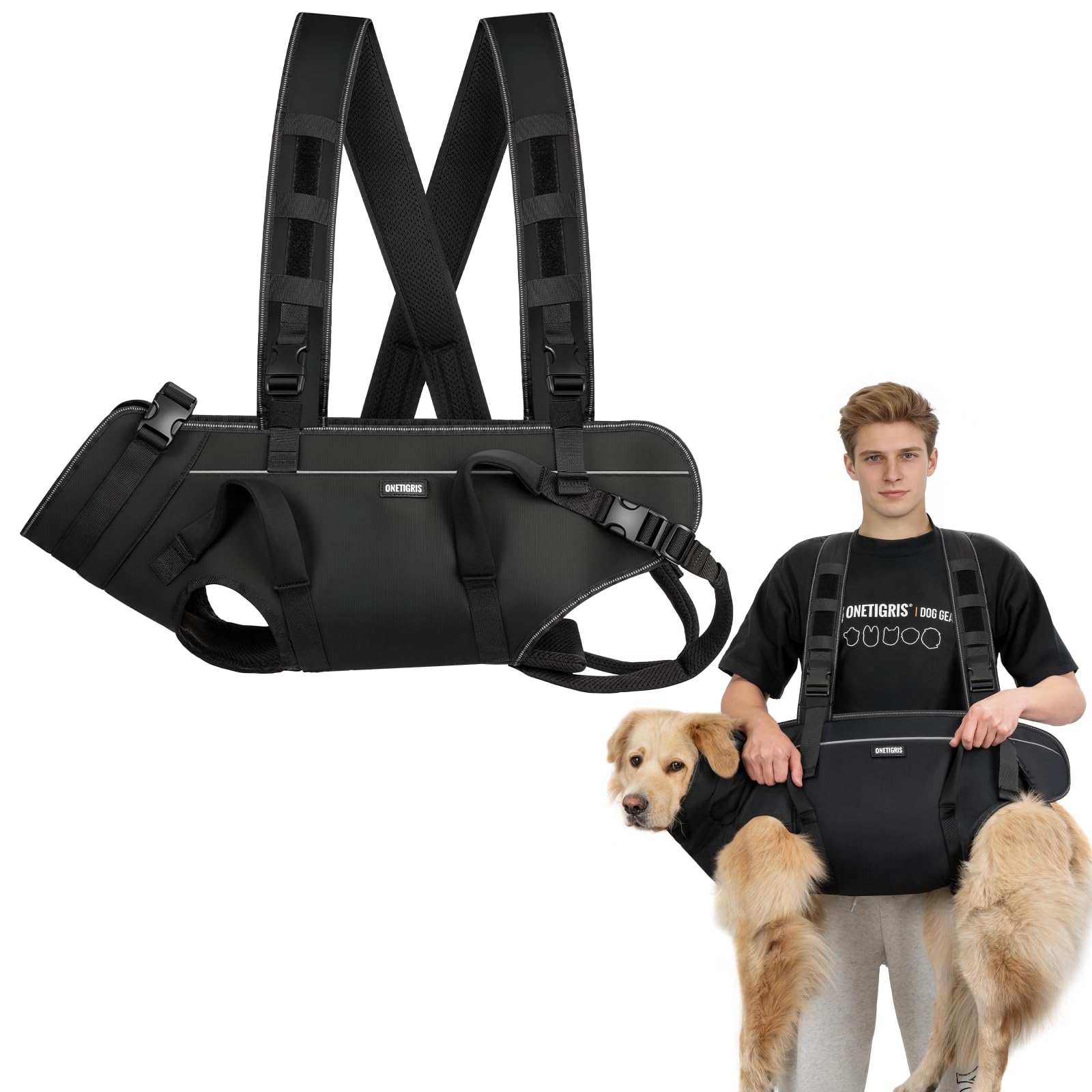 OneTigris Dog Carry Harness, SUPPORT RIDGE Outdoor Lifts Vest, Adjustable Dog Sling with Reinforced handles, Cross Strap Design for Hiking, Emergencies, Senior Dogs (Black, XL)