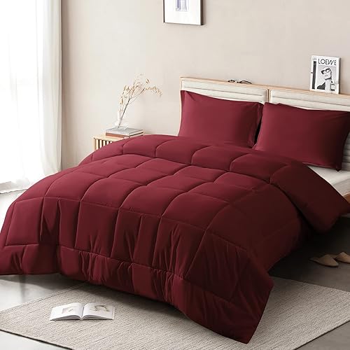 Queen Comforter Set 3 Pieces - Goose Down Alternative with 2 Pillow Shams - Extra Thick - Soft and Comfortable - Machine Washable (Queen,Burgandy)