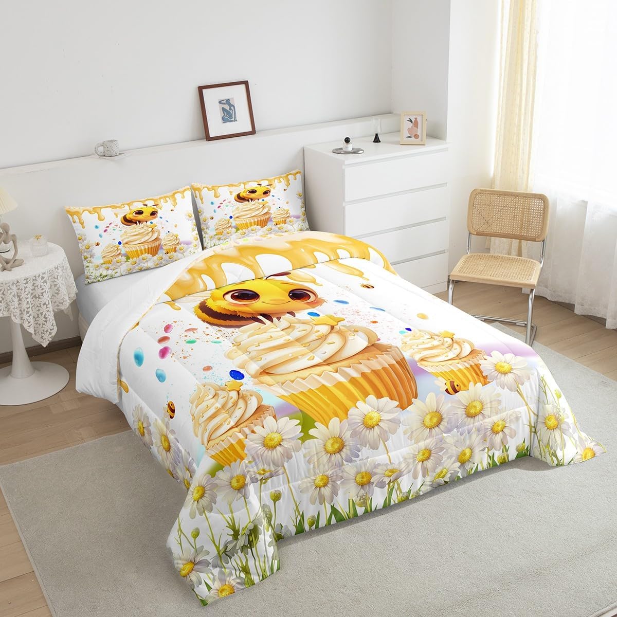 Castle Fairy Bee Cup Cake Comforter Set for Kids Adults,Dessert Lover Rainbow Ccandy 3D Cream Bedding Comforter Sets Twin,Rustic Daisy Botanical Flowers Quilt Comforter with 1 Pillowcase