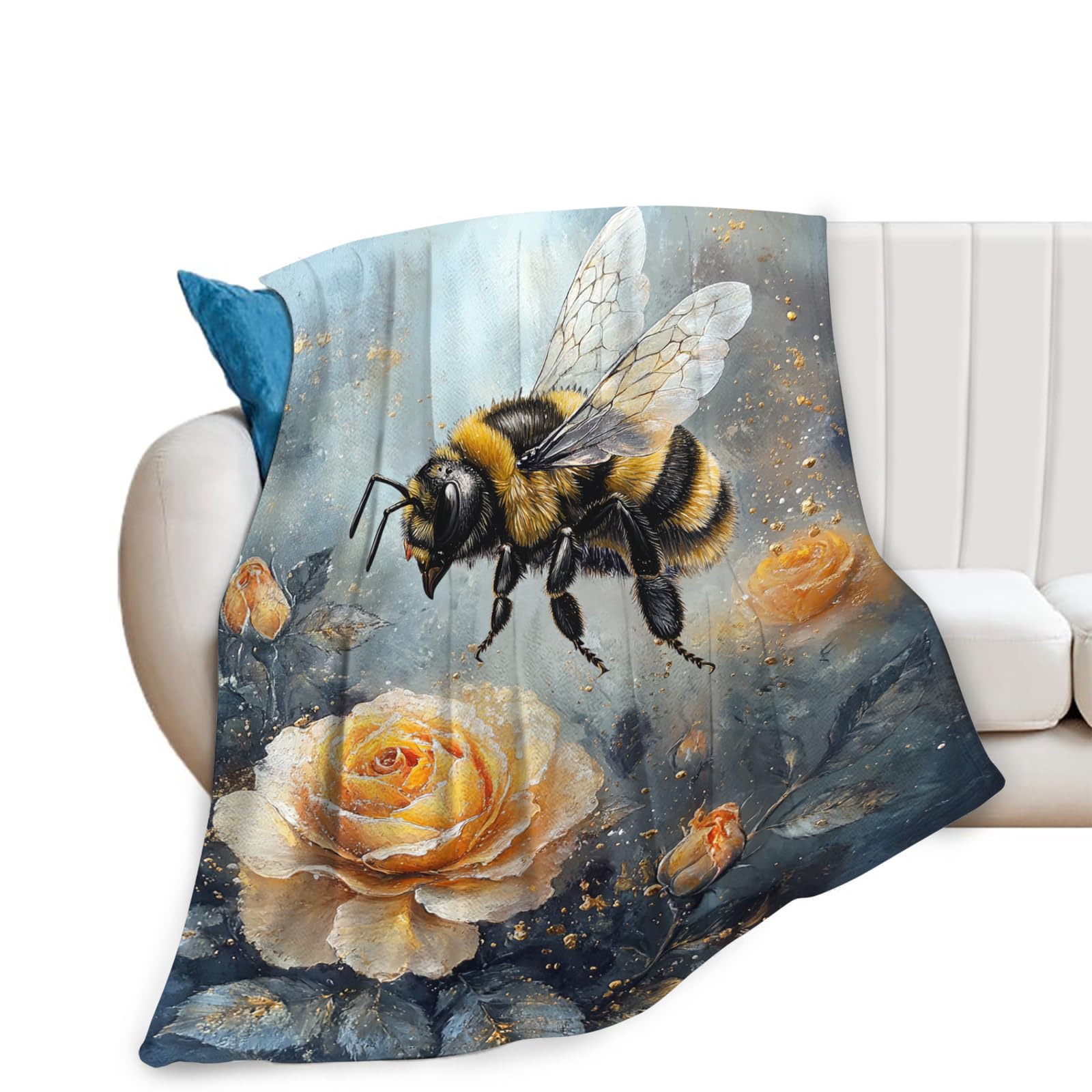 Couverture à fleurs jaunes et abeilles 127x102 cm plaid imprimé