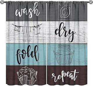 JESTRONRY Laundry Room Curtains,Dry Wash Fold Repeat Grey Blue White Brown Farmhouse Wood Window Treatments Bedroom Living Room Curtain, Home Decor Rod Pocket Window Drapes 42x45 Inch Blackout