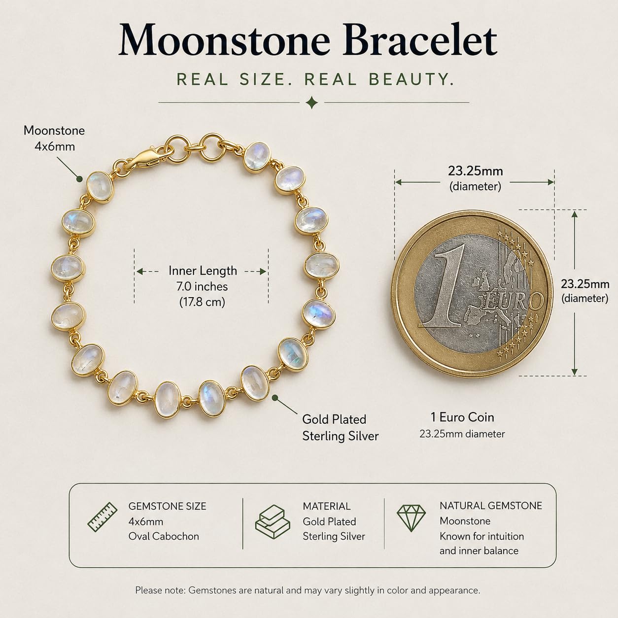 Pulsera de plata de ley chapada en oro con piedra de luna