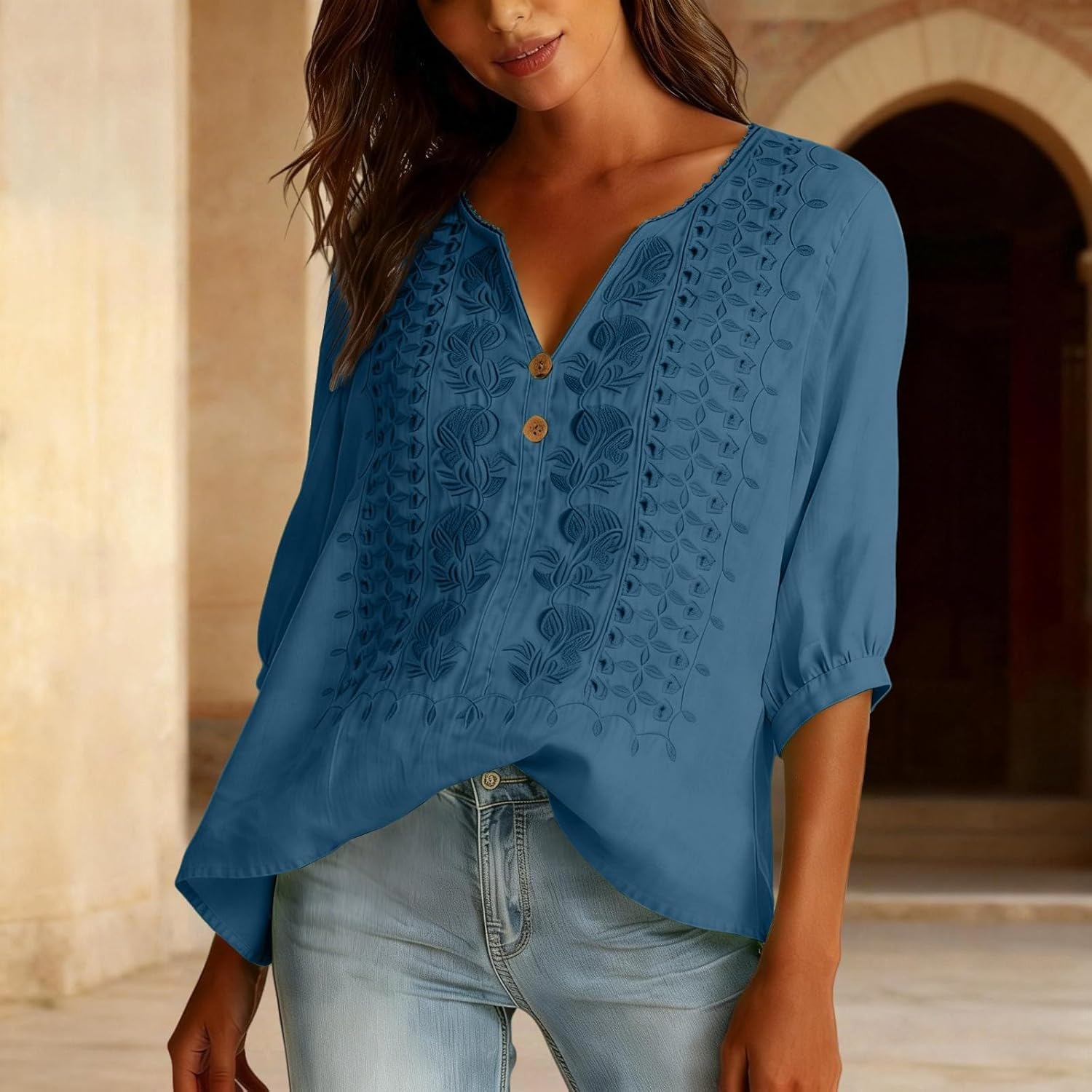 Embroidered Linen Shirts for Women - v Neck 3/4 Sleeve Length Boho Tops Plus Size Tunics Summer Dressy Casual Blouses - Image 3