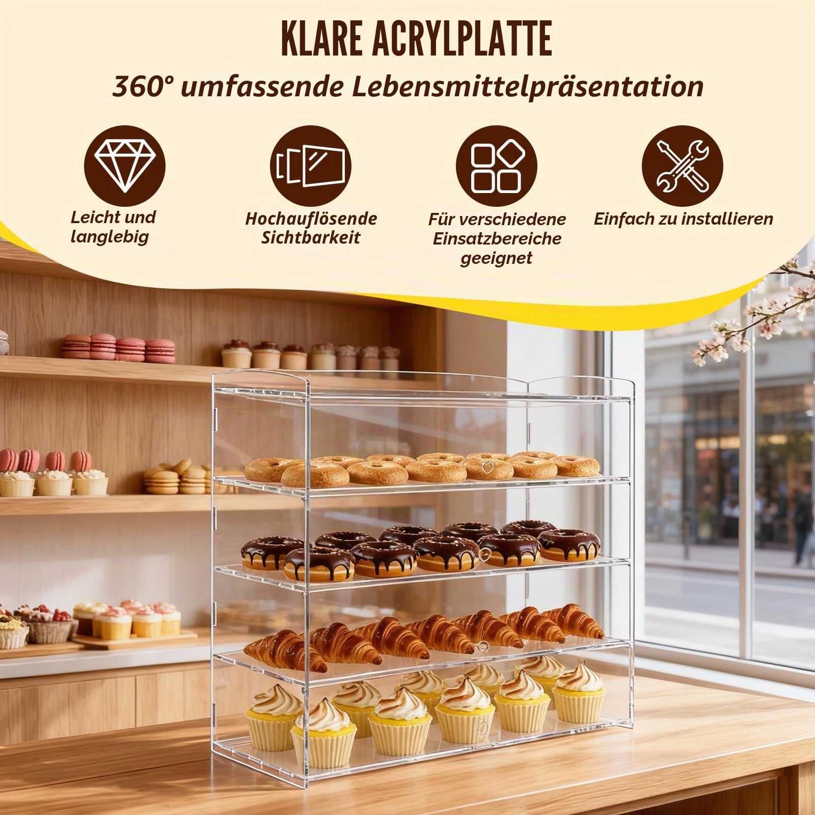 LIROPAU 4-stöckige Gebäck-Vitrine, klare Acryl-Thekenvitrine für Bäckereien, Gebäckvitrine für kommerzielle Arbeitsplatte, 49*23*50cm Bäckerei-Vitrine, transparenter Acryl-Sandwich-Brotschrank