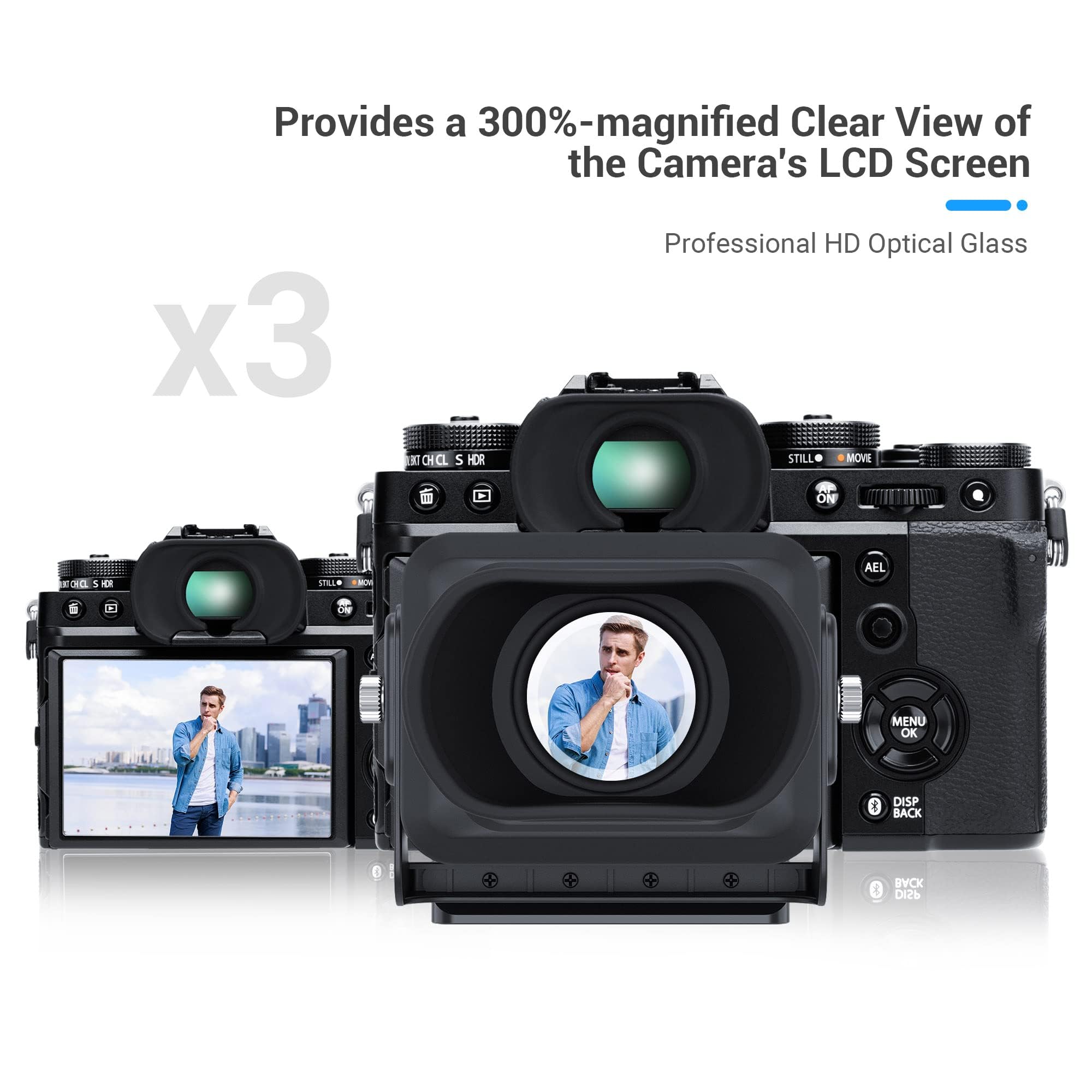 JJC LCD-Sucher für Kamera, 3-fache Vergrößerung, Arca-Schnellwechselplatte, Gegenlichtblende für DSLR-Kameras